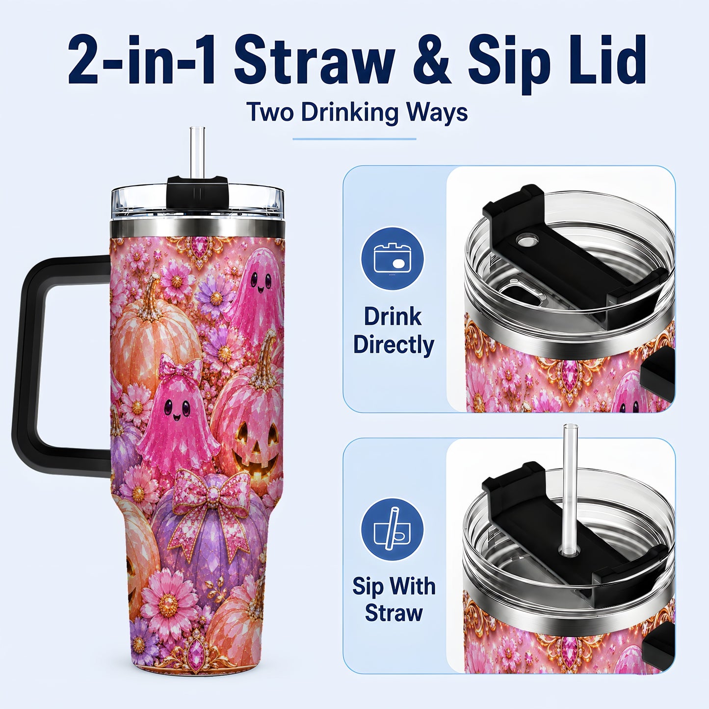 #pl[40oz|Black] Cute Ghost 40oz Tumbler with Handle, Halloween Stainless Steel Travel Cup