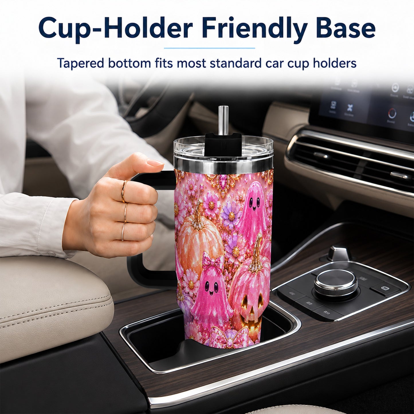 #pl[40oz|Black] Cute Ghost 40oz Tumbler with Handle, Halloween Stainless Steel Travel Cup