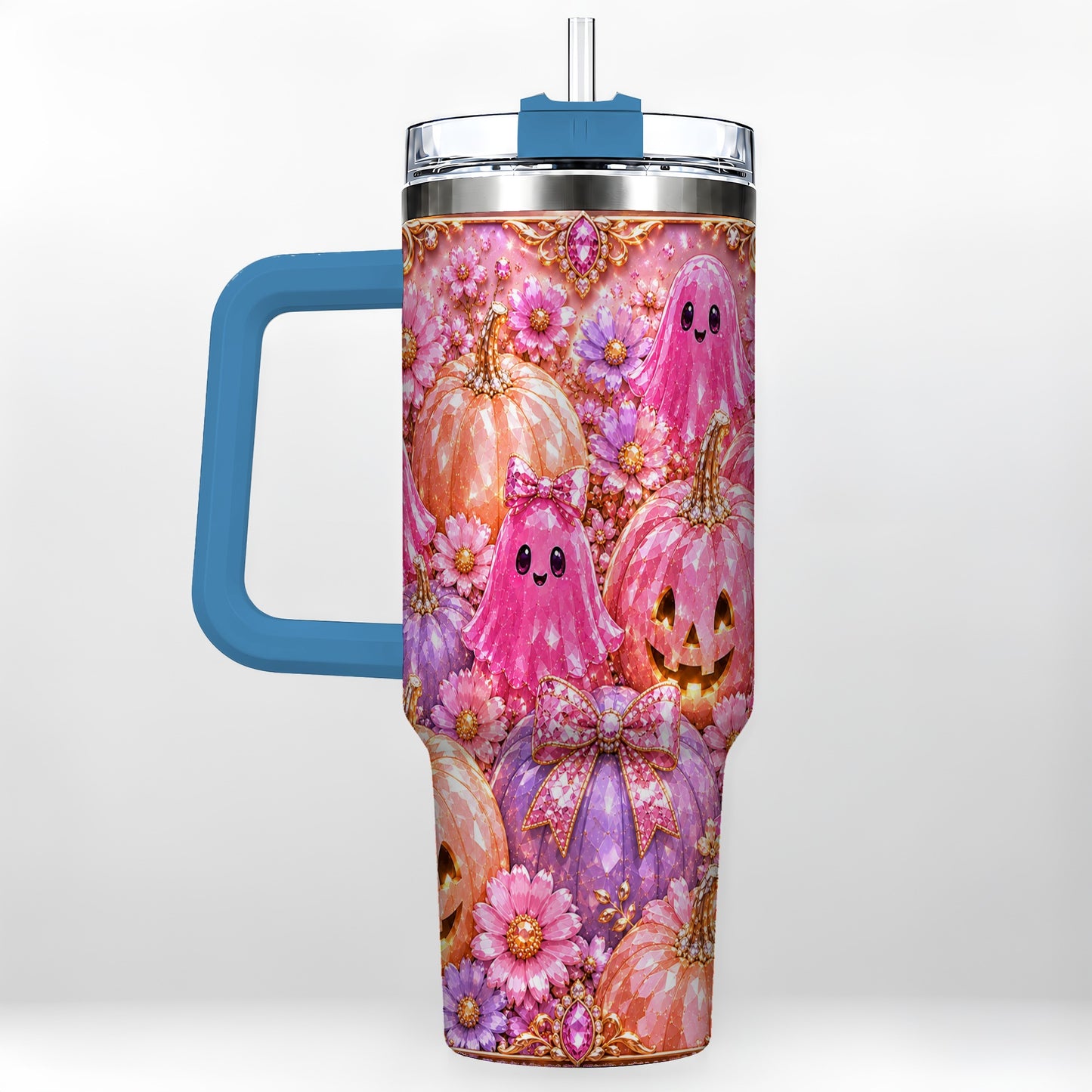 #pl[40oz|Blue] Cute Ghost 40oz Tumbler with Handle, Halloween Stainless Steel Travel Cup