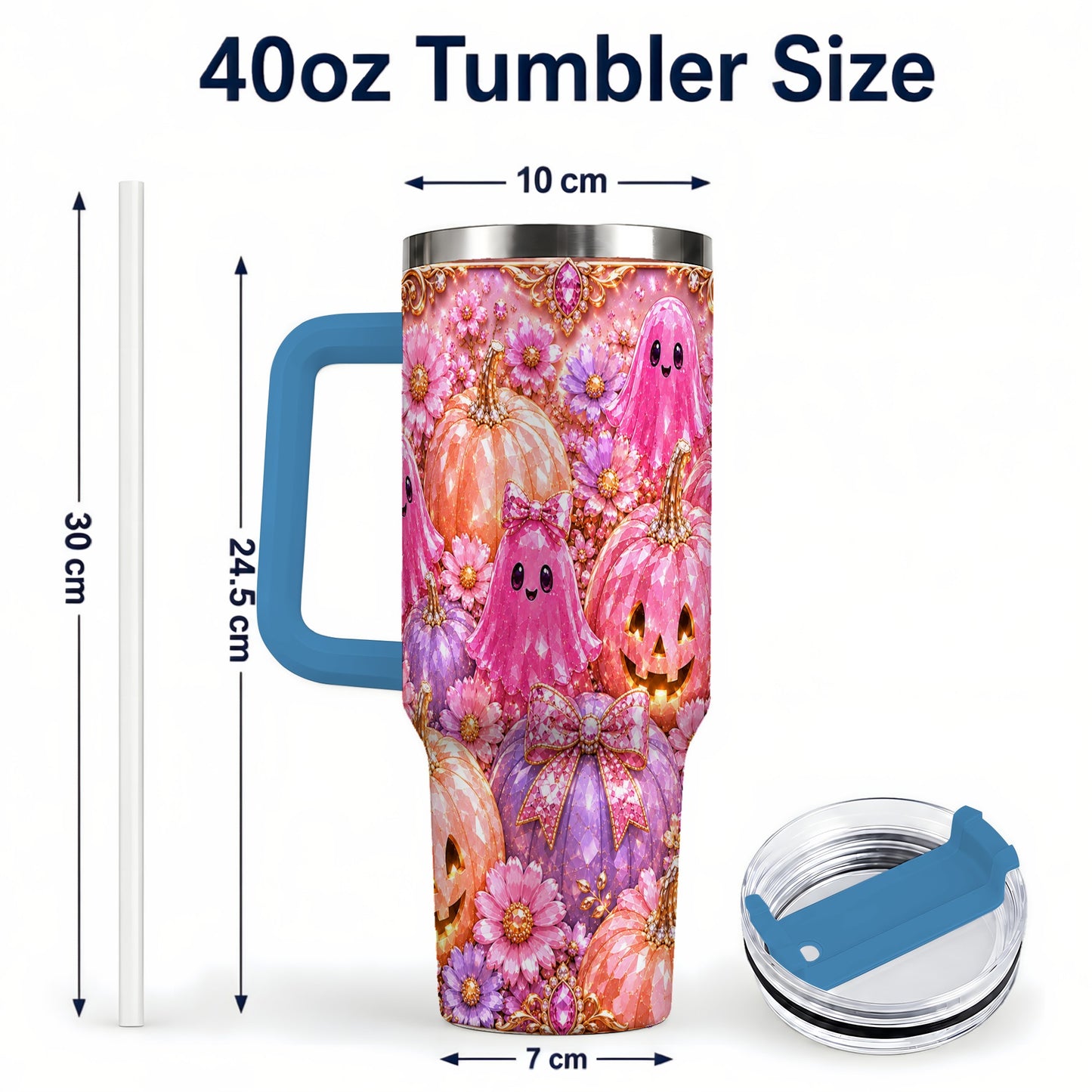 #pl[40oz|Blue] Cute Ghost 40oz Tumbler with Handle, Halloween Stainless Steel Travel Cup