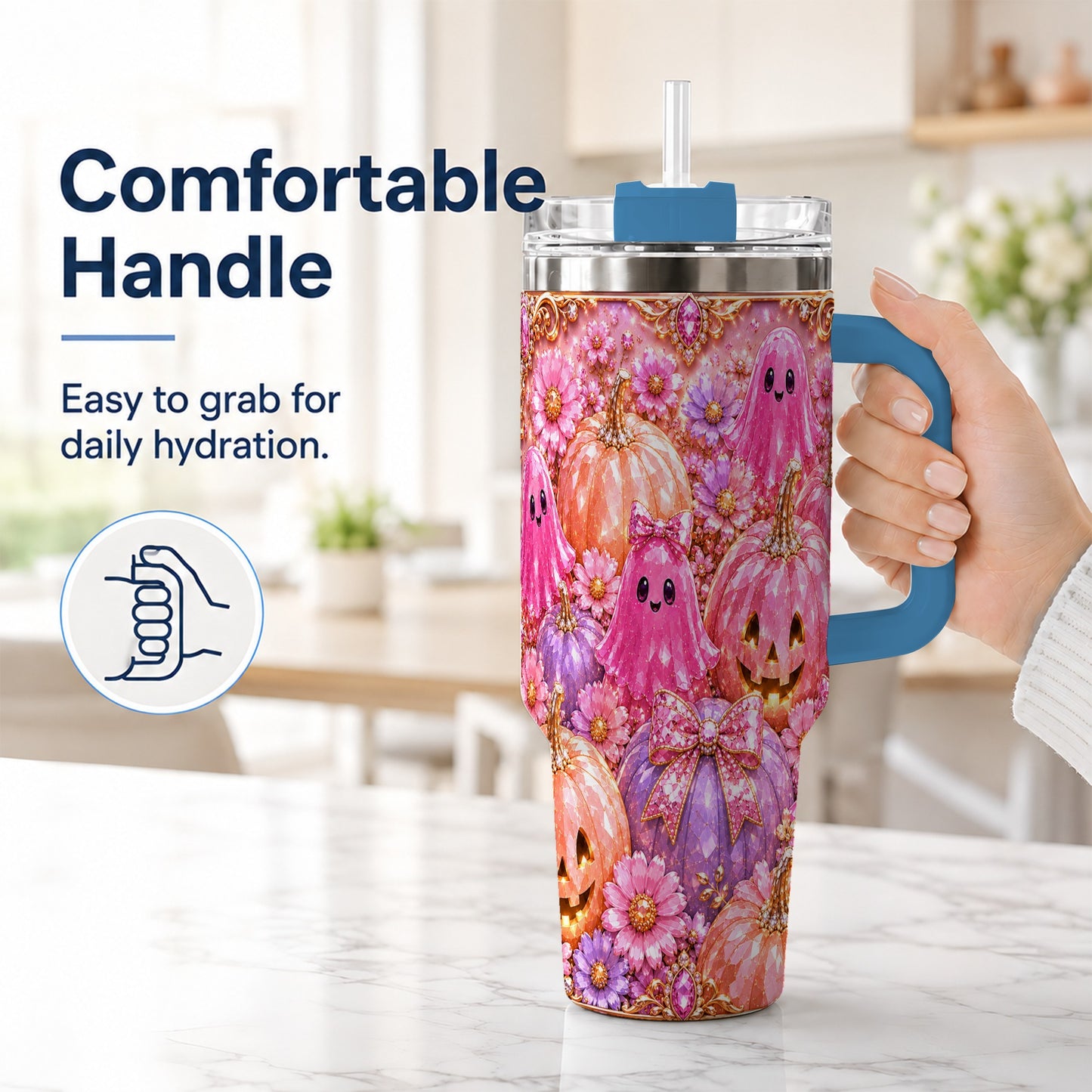 #pl[40oz|Blue] Cute Ghost 40oz Tumbler with Handle, Halloween Stainless Steel Travel Cup