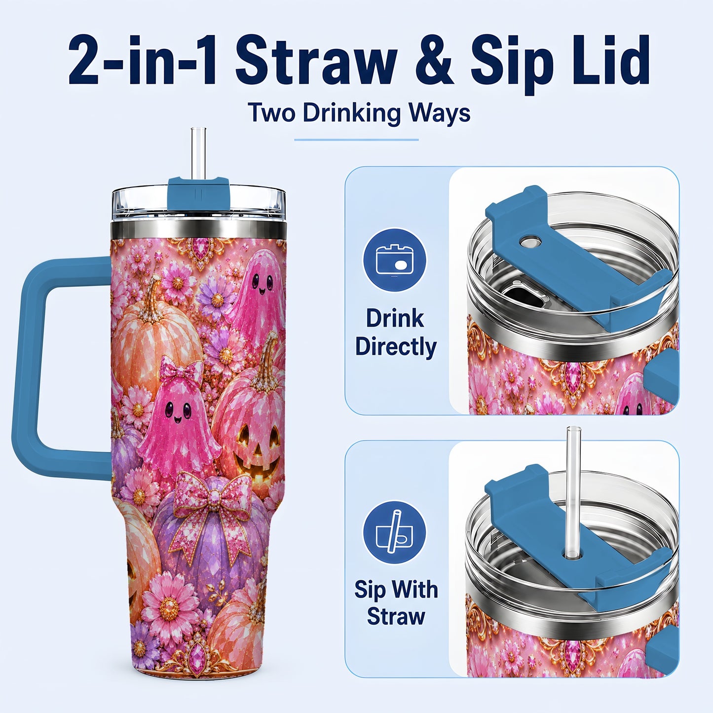 #pl[40oz|Blue] Cute Ghost 40oz Tumbler with Handle, Halloween Stainless Steel Travel Cup