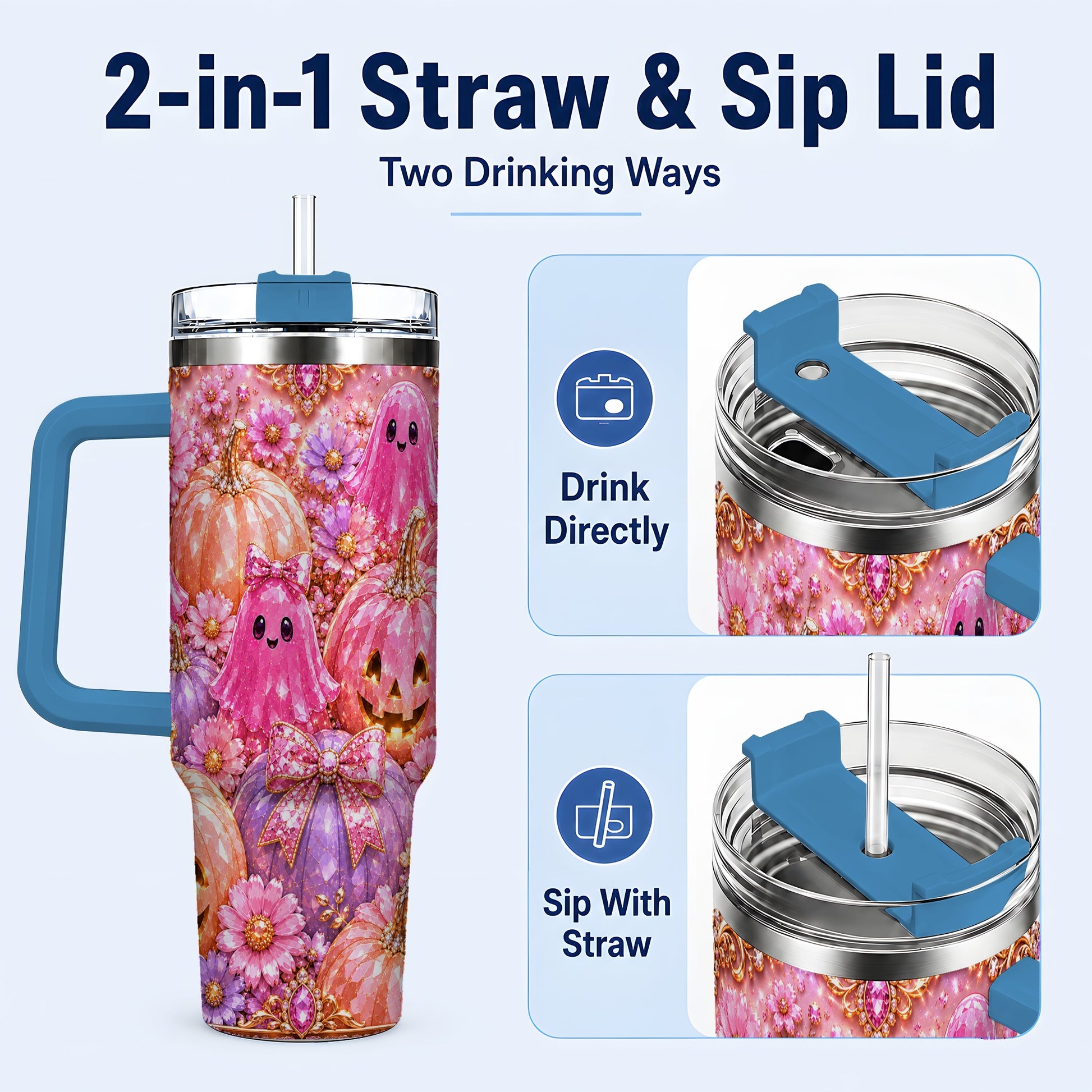 #pl[40oz|Blue] Cute Ghost 40oz Tumbler with Handle, Halloween Stainless Steel Travel Cup