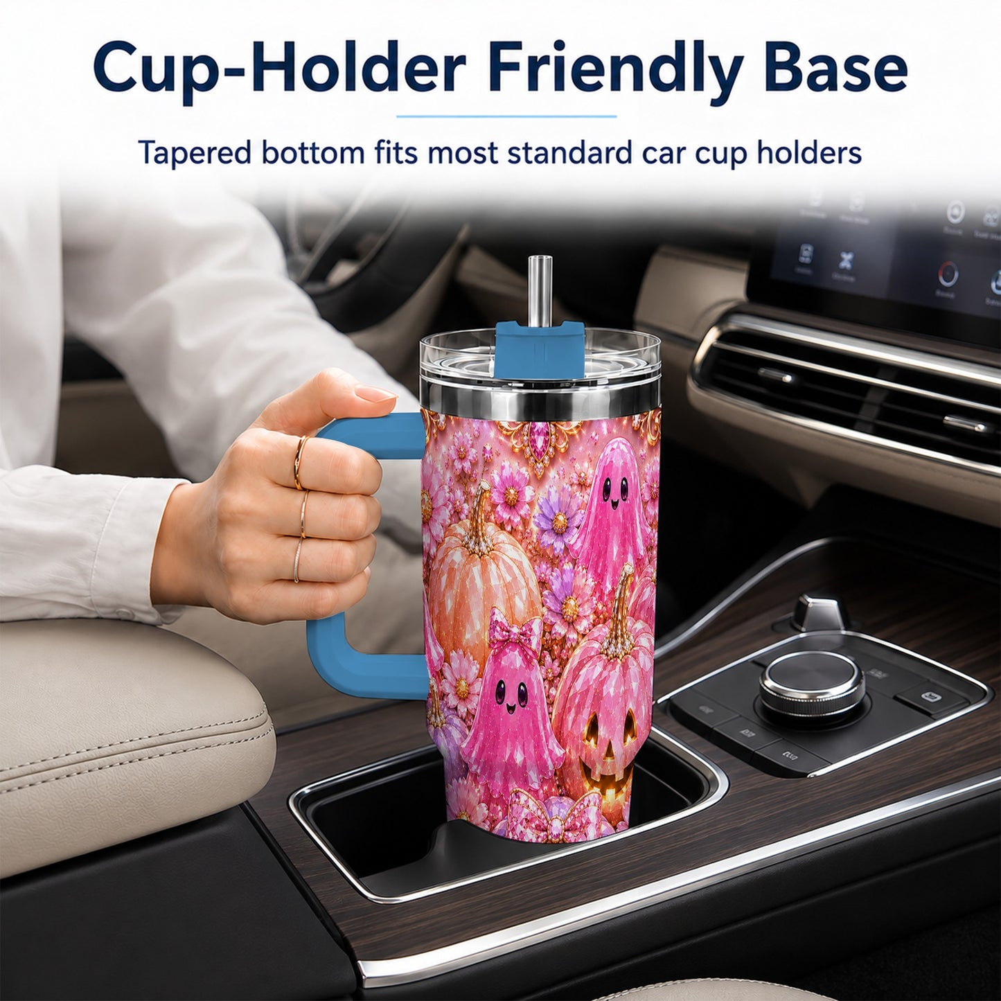 #pl[40oz|Blue] Cute Ghost 40oz Tumbler with Handle, Halloween Stainless Steel Travel Cup