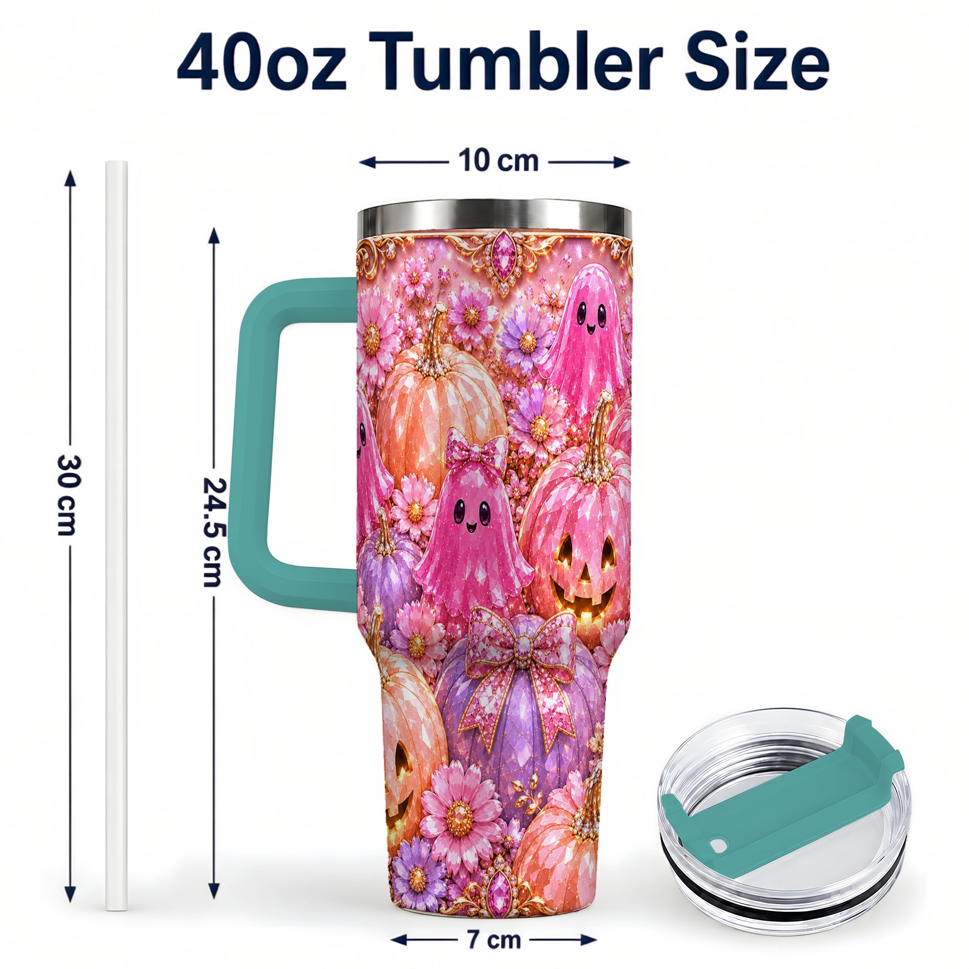 #pl[40oz|Green] Cute Ghost 40oz Tumbler with Handle, Halloween Stainless Steel Travel Cup