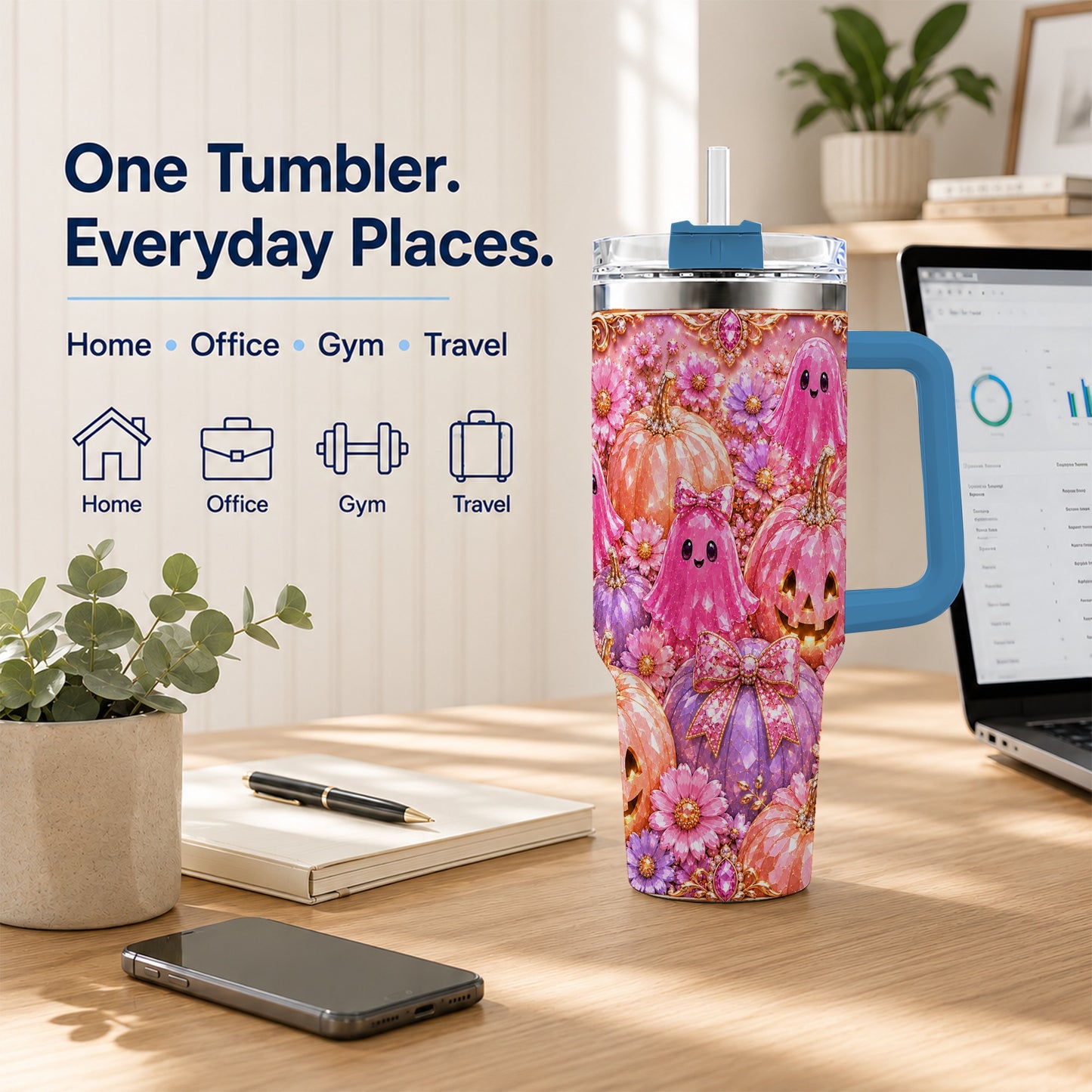 #pl[40oz|Blue] Cute Ghost 40oz Tumbler with Handle, Halloween Stainless Steel Travel Cup
