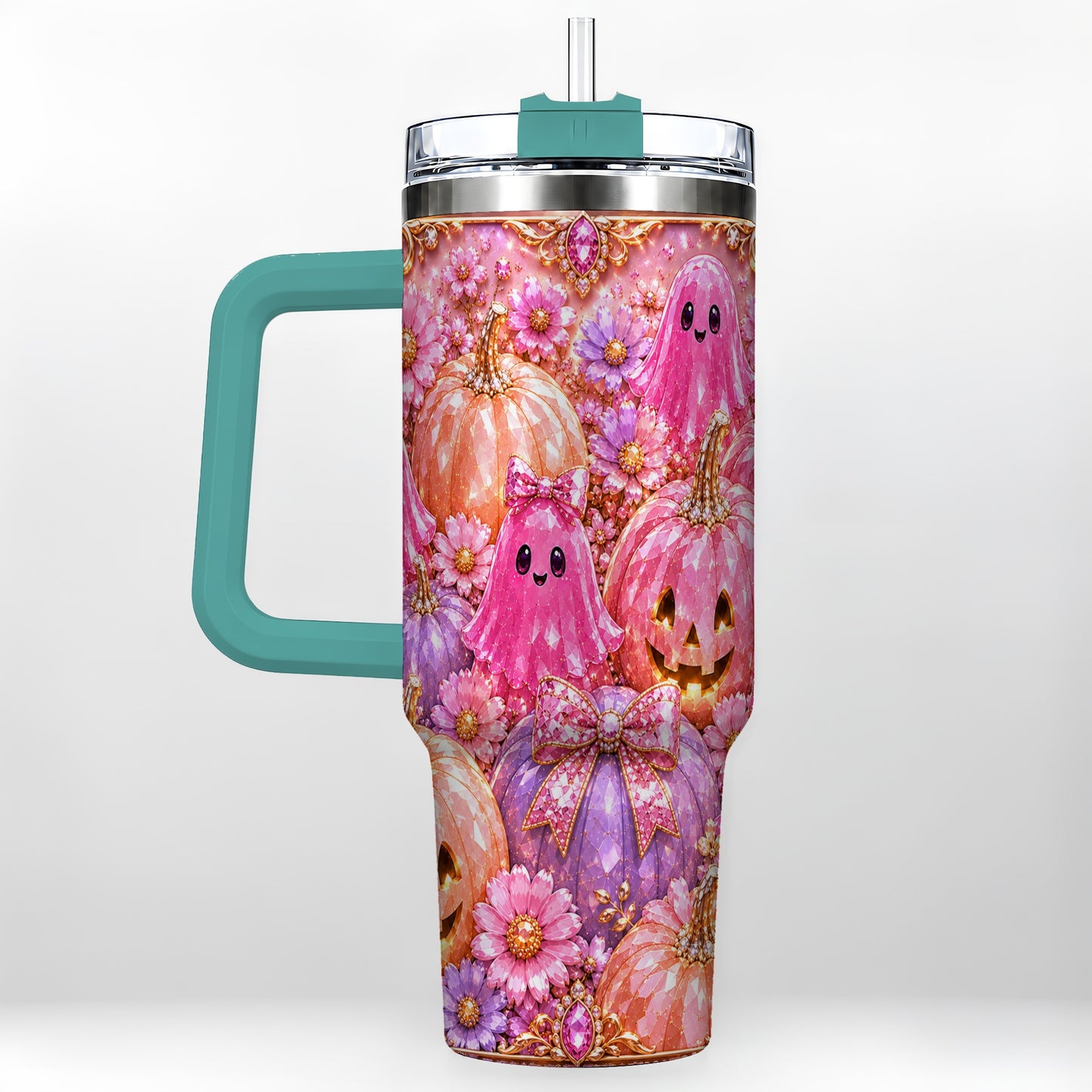 #pl[40oz|Green] Cute Ghost 40oz Tumbler with Handle, Halloween Stainless Steel Travel Cup