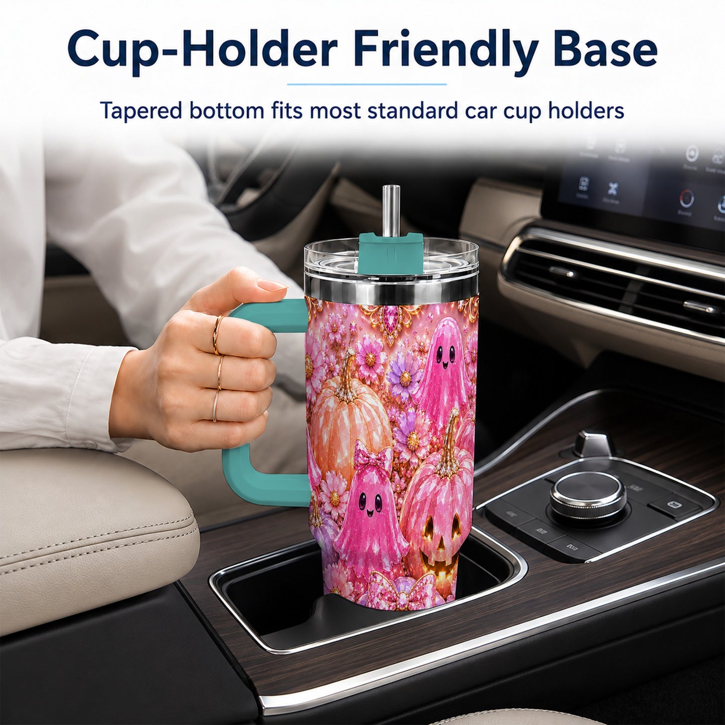 #pl[40oz|Green] Cute Ghost 40oz Tumbler with Handle, Halloween Stainless Steel Travel Cup