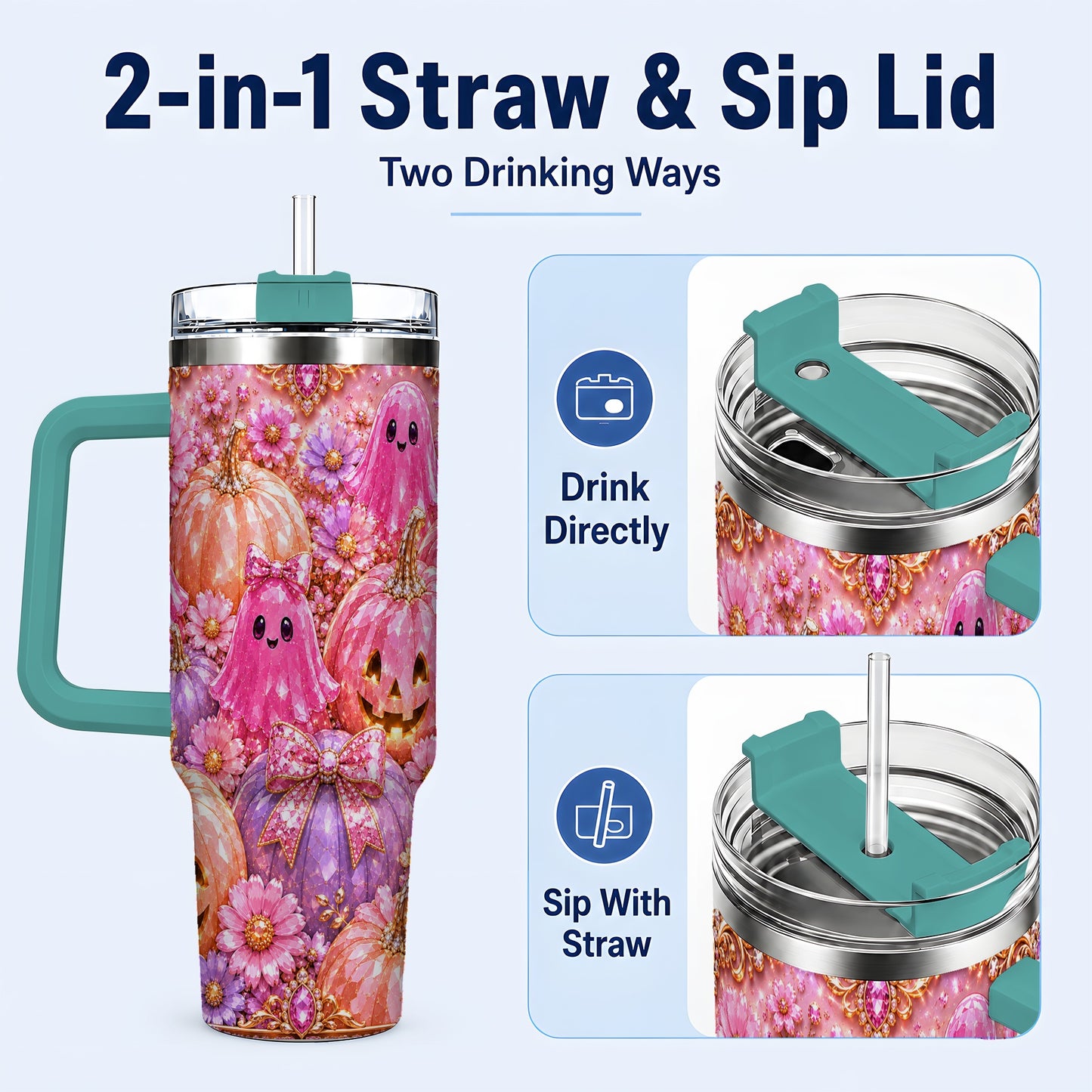#pl[40oz|Green] Cute Ghost 40oz Tumbler with Handle, Halloween Stainless Steel Travel Cup