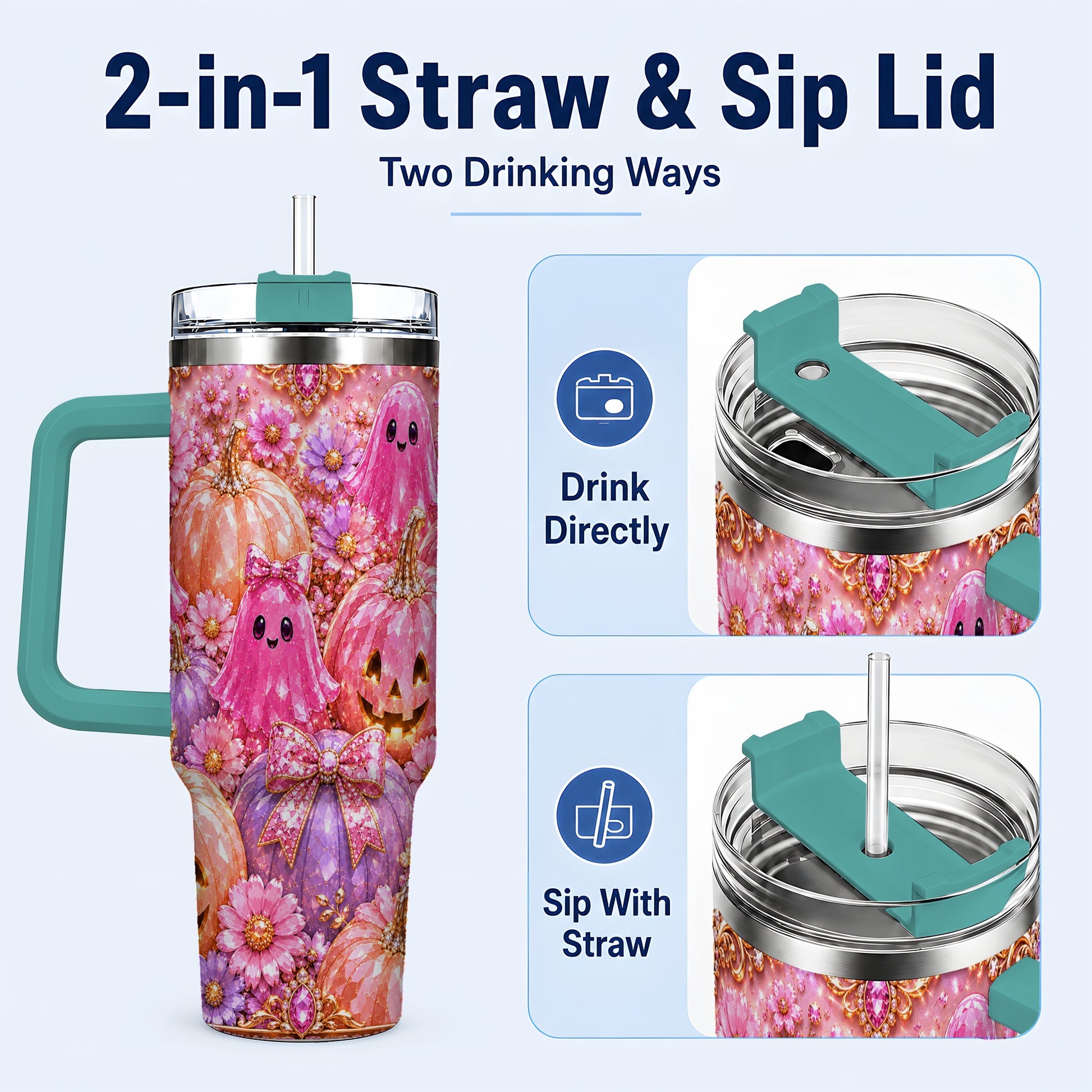 #pl[40oz|Green] Cute Ghost 40oz Tumbler with Handle, Halloween Stainless Steel Travel Cup