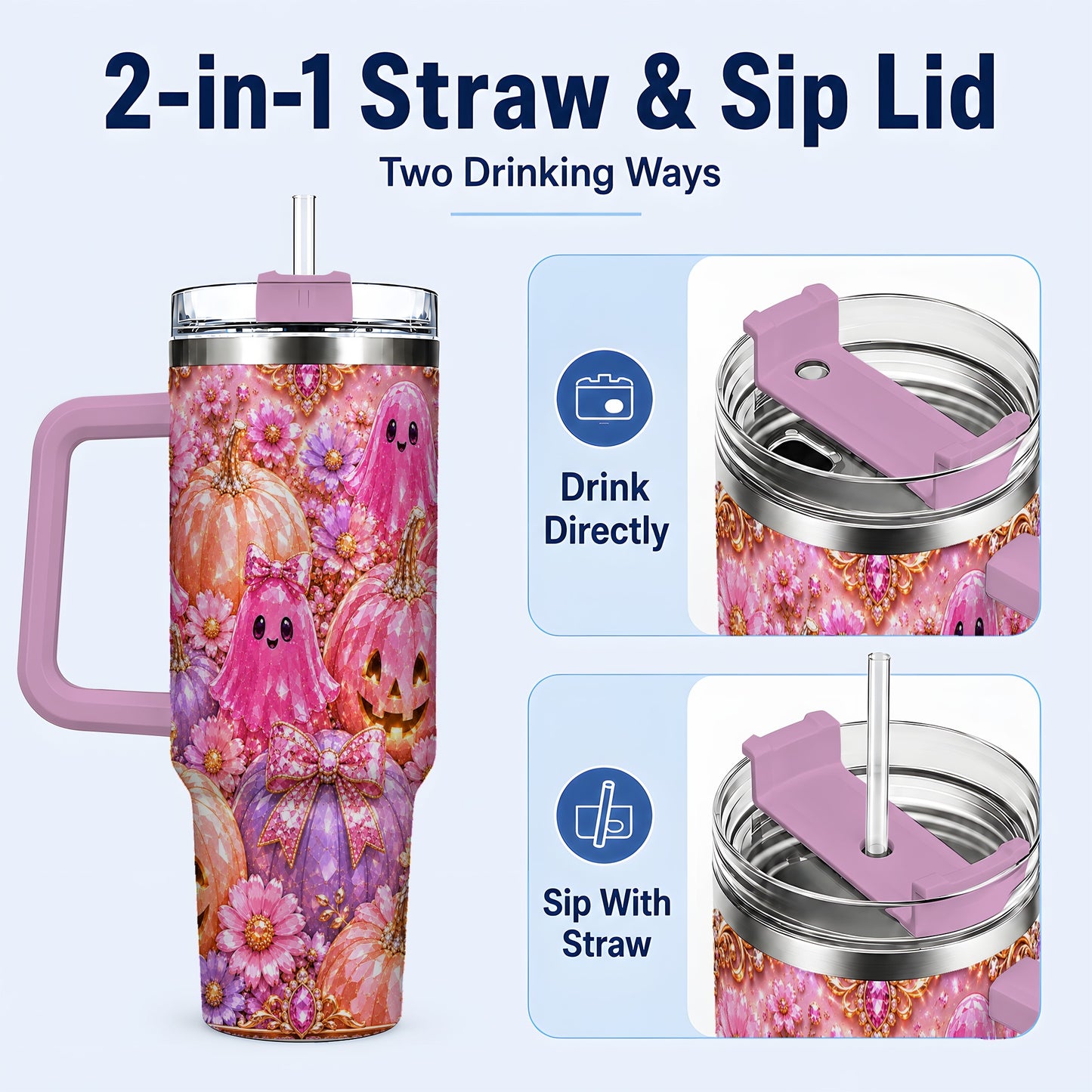 #pl[40oz|Pink] Cute Ghost 40oz Tumbler with Handle, Halloween Stainless Steel Travel Cup