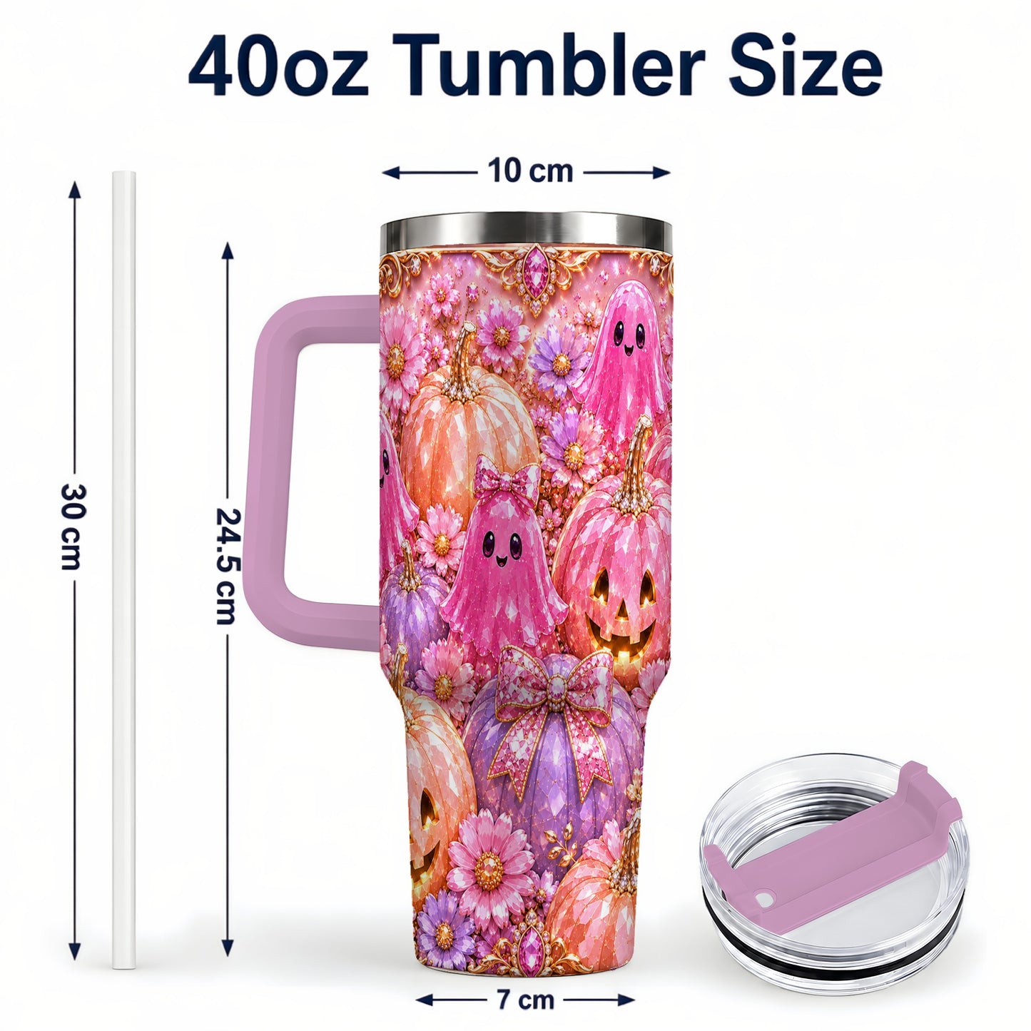 #pl[40oz|Pink] Cute Ghost 40oz Tumbler with Handle, Halloween Stainless Steel Travel Cup