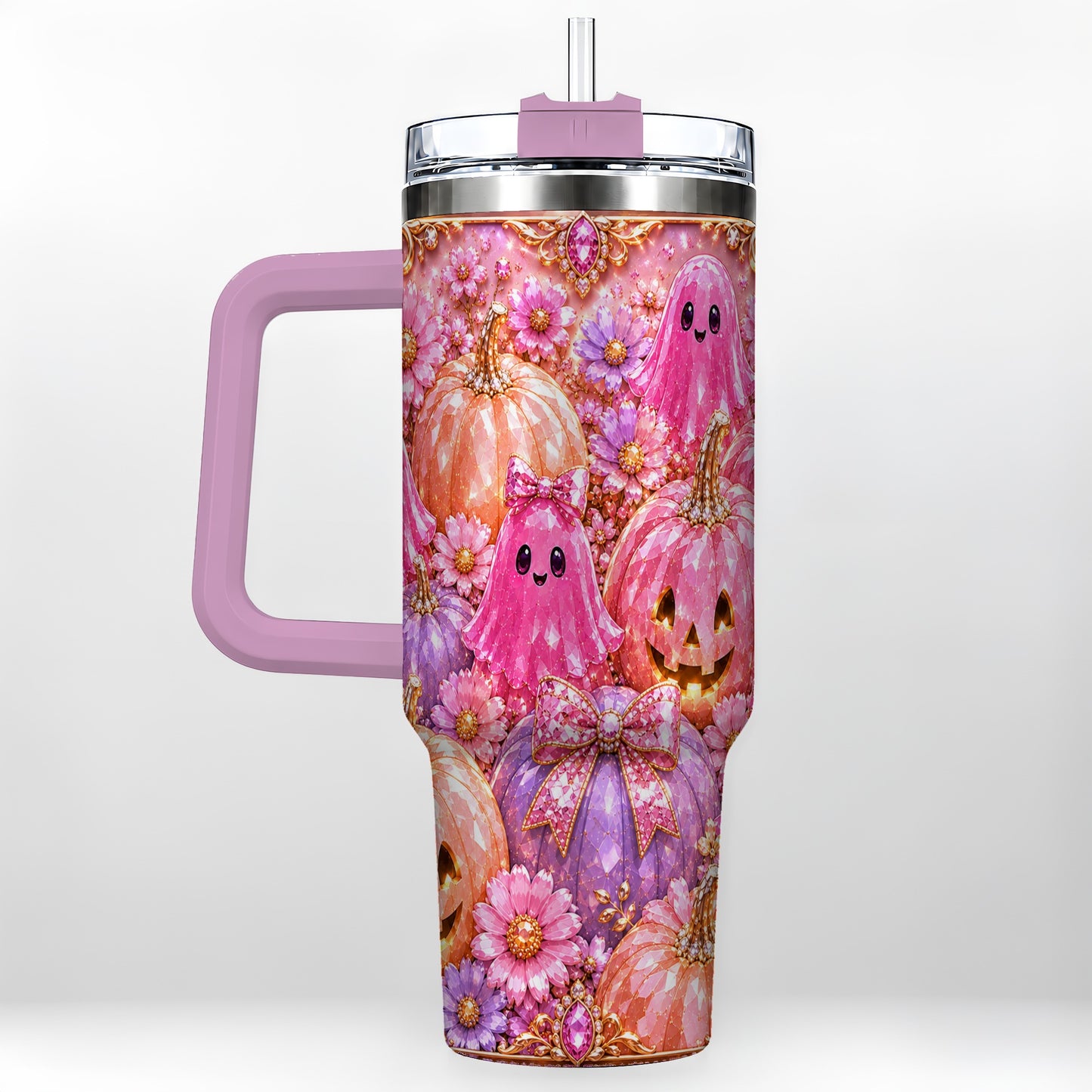 #pl[40oz|Pink] Cute Ghost 40oz Tumbler with Handle, Halloween Stainless Steel Travel Cup