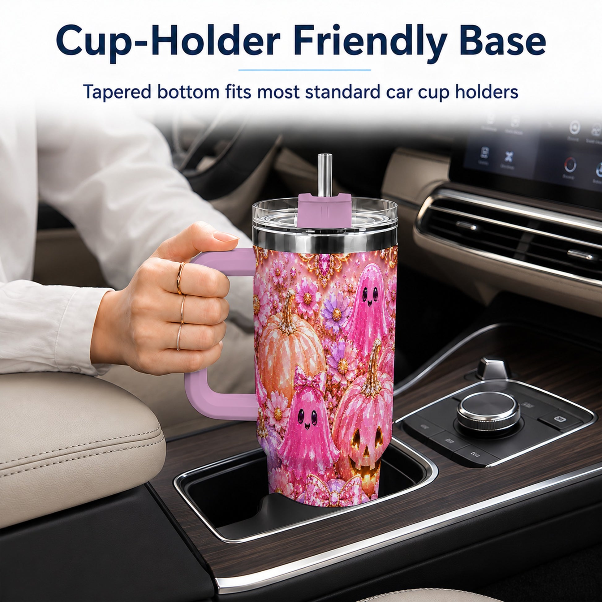#pl[40oz|Pink] Cute Ghost 40oz Tumbler with Handle, Halloween Stainless Steel Travel Cup