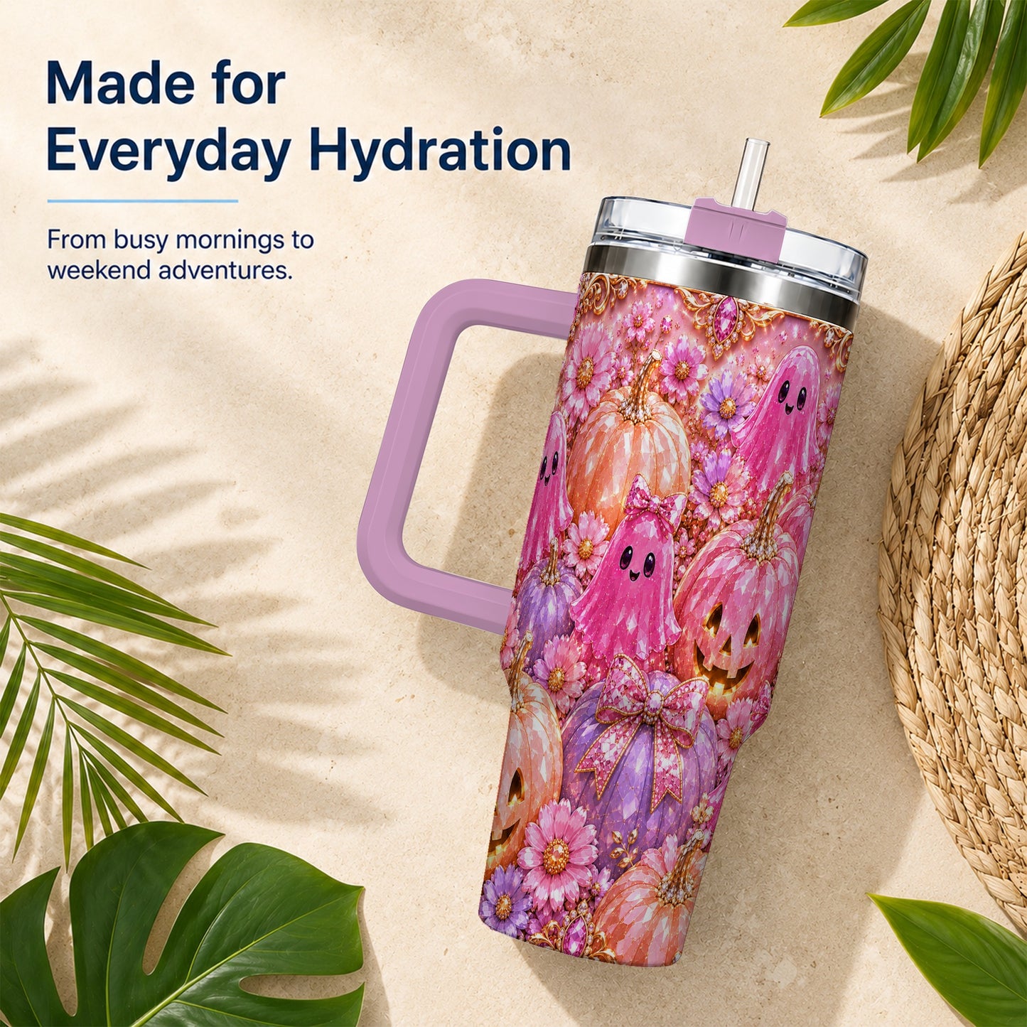 #pl[40oz|Pink] Cute Ghost 40oz Tumbler with Handle, Halloween Stainless Steel Travel Cup