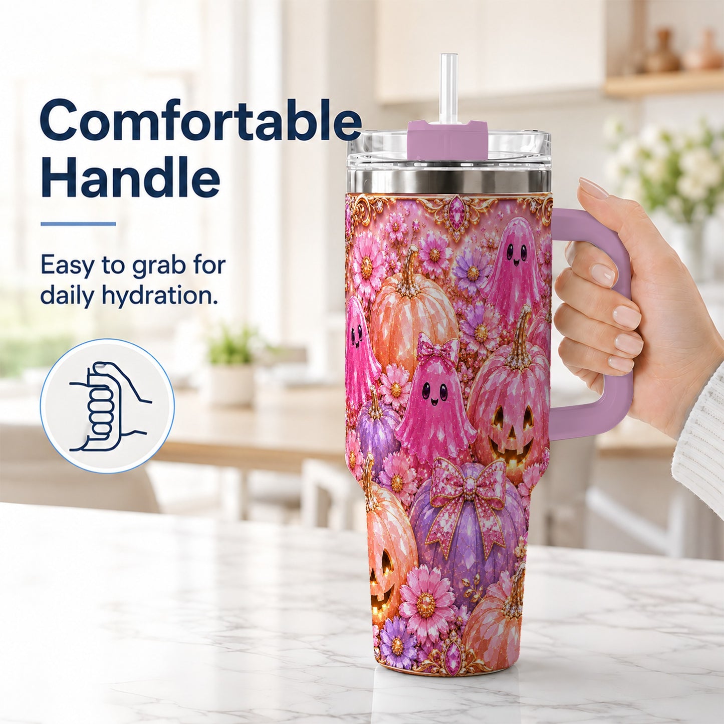 #pl[40oz|Pink] Cute Ghost 40oz Tumbler with Handle, Halloween Stainless Steel Travel Cup