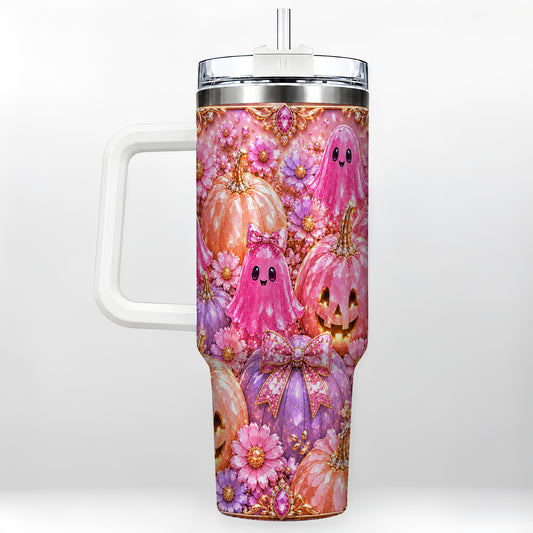 #pl[40oz|White] Cute Ghost 40oz Tumbler with Handle, Halloween Stainless Steel Travel Cup