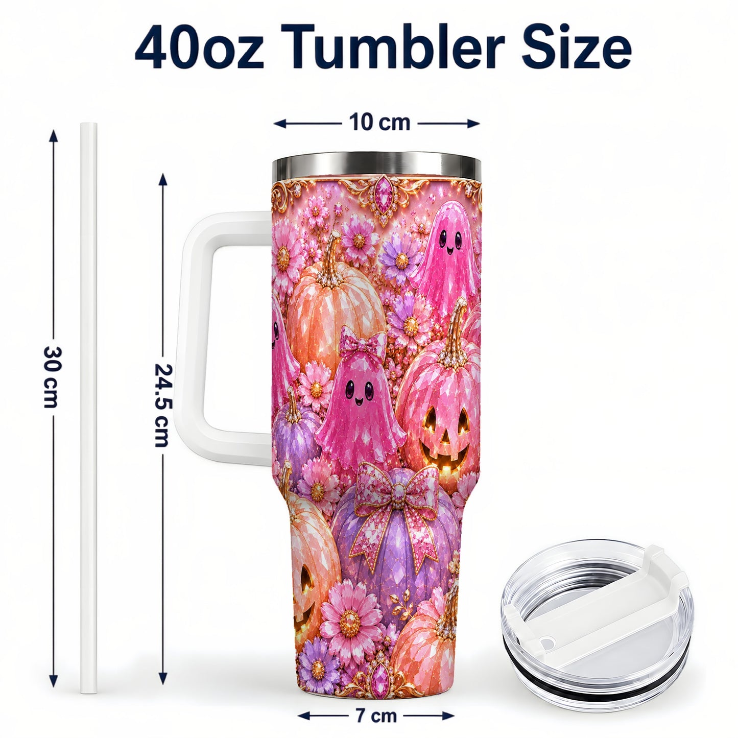 #pl[40oz|White] Cute Ghost 40oz Tumbler with Handle, Halloween Stainless Steel Travel Cup