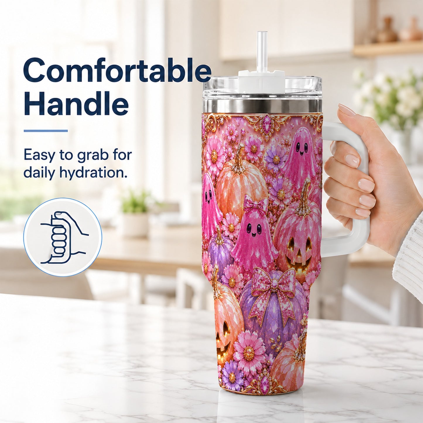 #pl[40oz|White] Cute Ghost 40oz Tumbler with Handle, Halloween Stainless Steel Travel Cup
