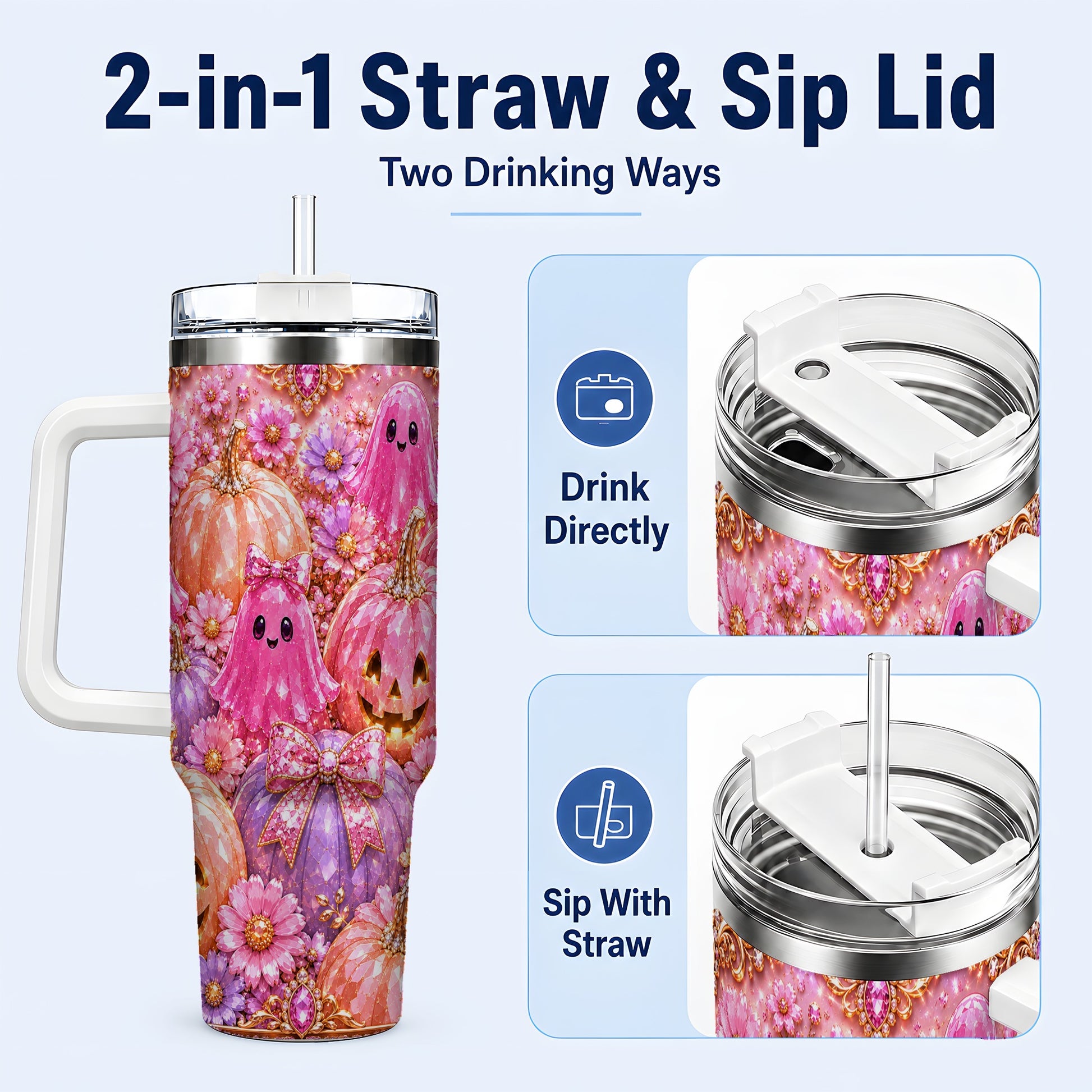 #pl[40oz|White] Cute Ghost 40oz Tumbler with Handle, Halloween Stainless Steel Travel Cup