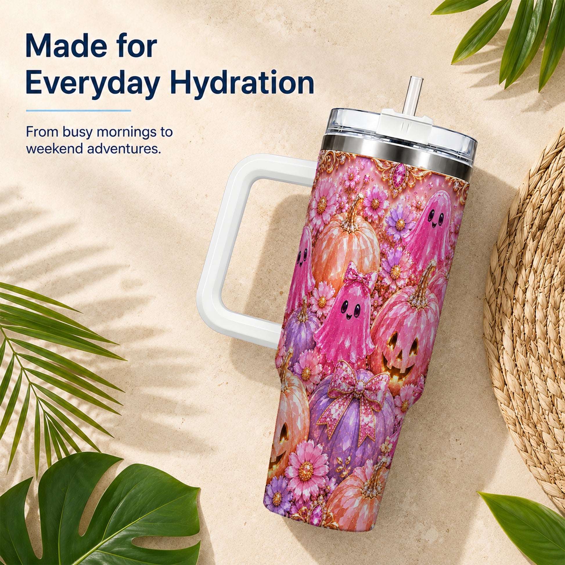 #pl[40oz|White] Cute Ghost 40oz Tumbler with Handle, Halloween Stainless Steel Travel Cup