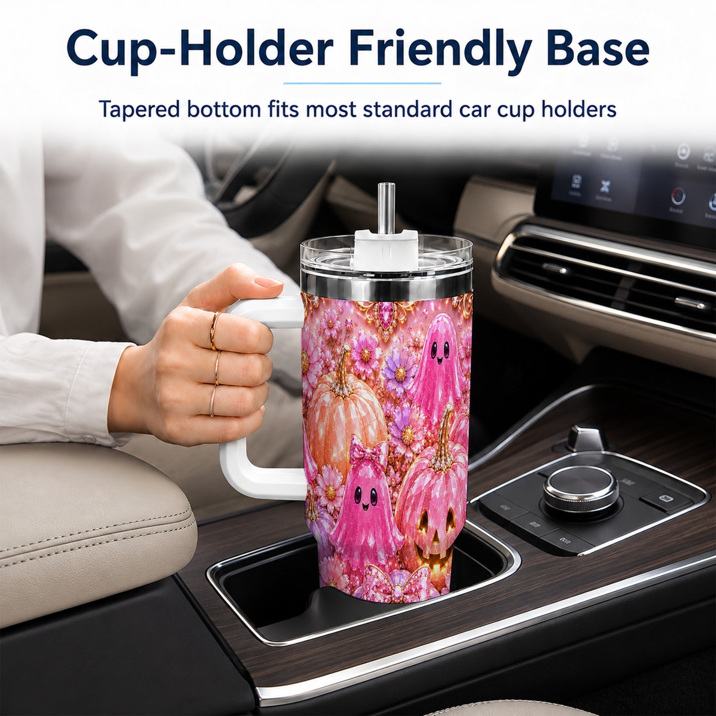 #pl[40oz|White] Cute Ghost 40oz Tumbler with Handle, Halloween Stainless Steel Travel Cup