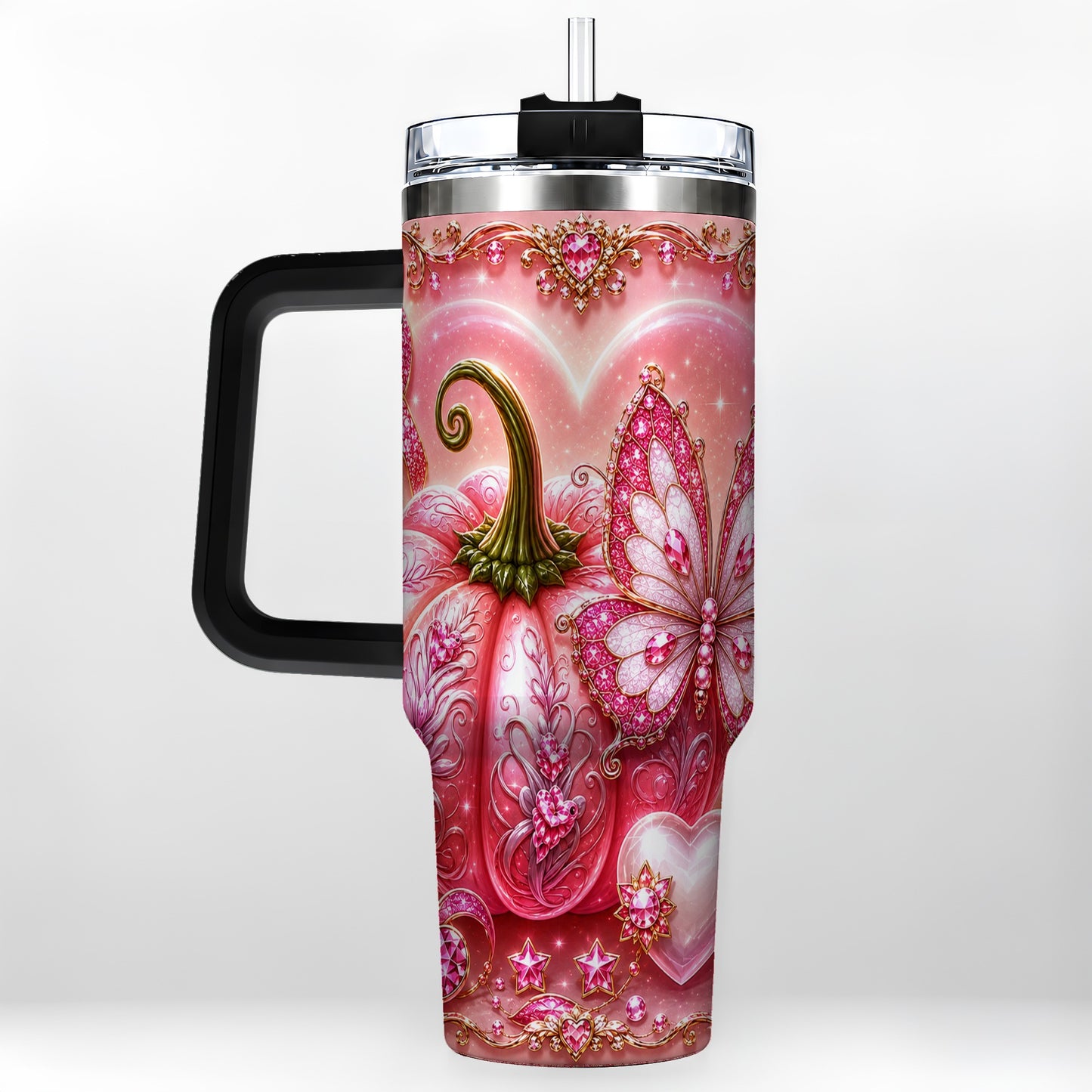 #pl[40oz|Black] Ribbon Pumpkin 40oz Tumbler with Handle, Awareness Stainless Steel Cup