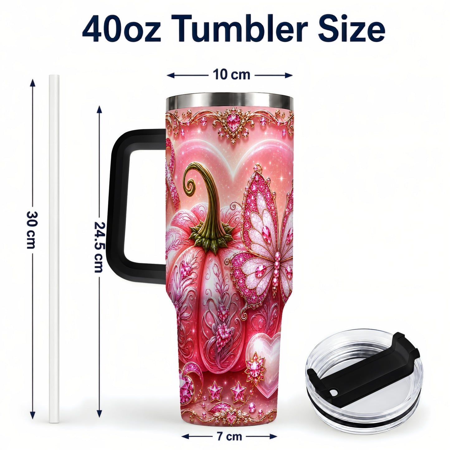 #pl[40oz|Black] Ribbon Pumpkin 40oz Tumbler with Handle, Awareness Stainless Steel Cup