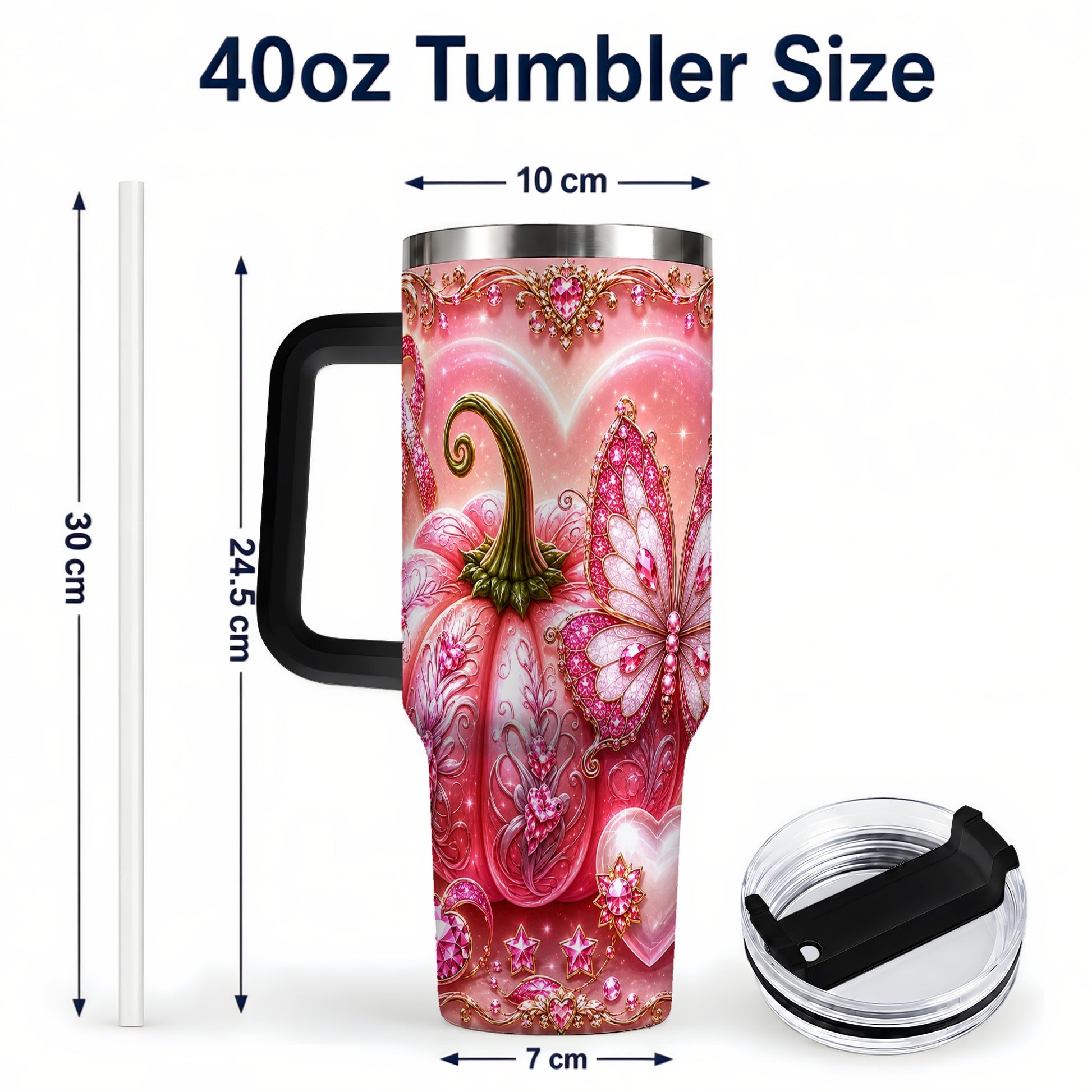 #pl[40oz|Black] Ribbon Pumpkin 40oz Tumbler with Handle, Awareness Stainless Steel Cup