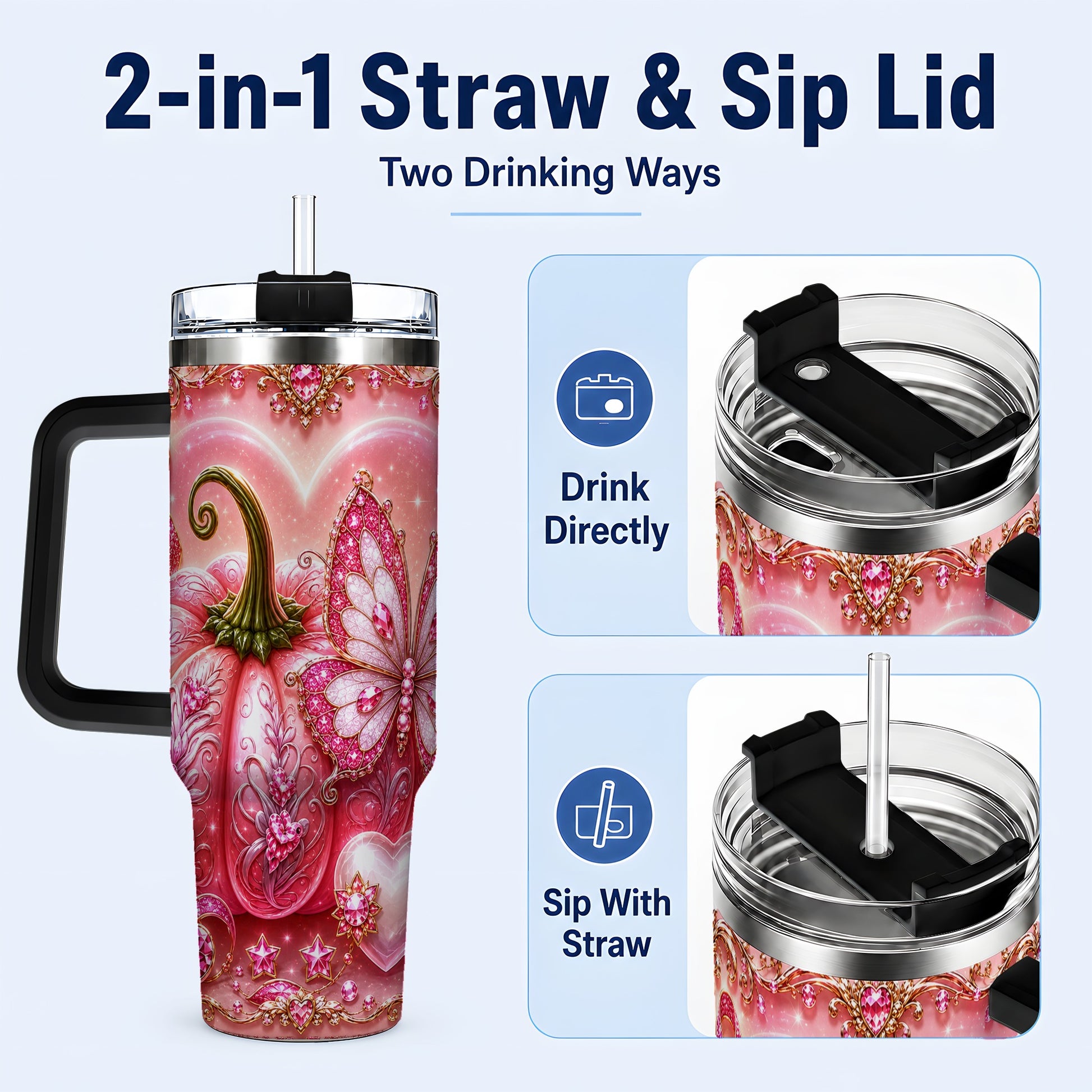 #pl[40oz|Black] Ribbon Pumpkin 40oz Tumbler with Handle, Awareness Stainless Steel Cup