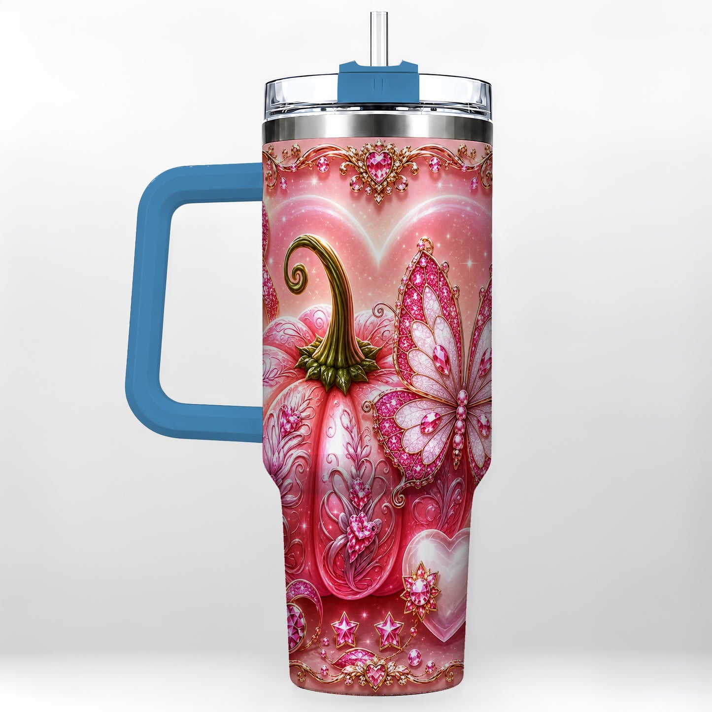 #pl[40oz|Blue] Ribbon Pumpkin 40oz Tumbler with Handle, Awareness Stainless Steel Cup