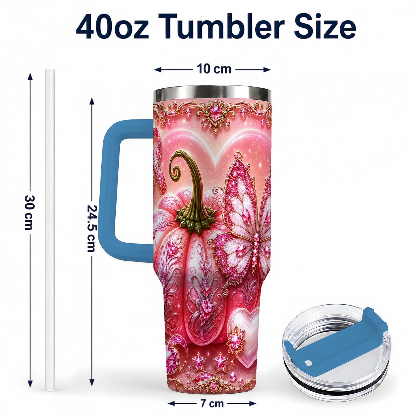 #pl[40oz|Blue] Ribbon Pumpkin 40oz Tumbler with Handle, Awareness Stainless Steel Cup