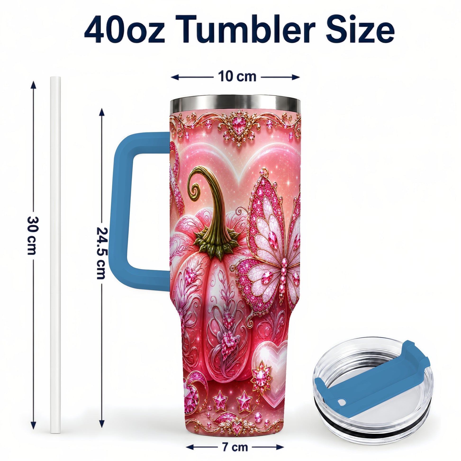 #pl[40oz|Blue] Ribbon Pumpkin 40oz Tumbler with Handle, Awareness Stainless Steel Cup