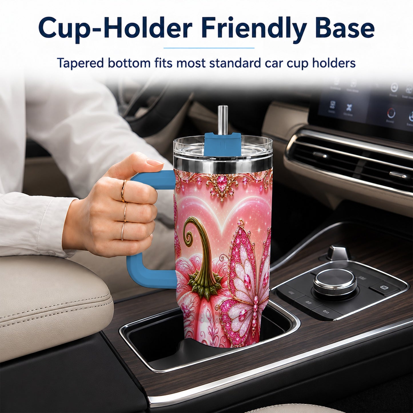 #pl[40oz|Blue] Ribbon Pumpkin 40oz Tumbler with Handle, Awareness Stainless Steel Cup