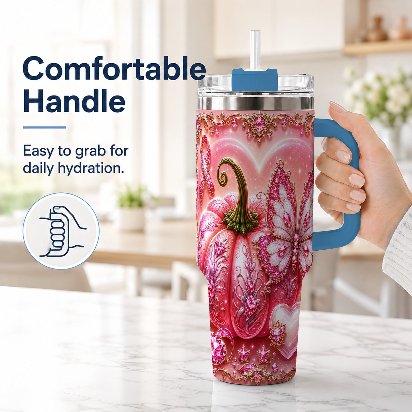 #pl[40oz|Blue] Ribbon Pumpkin 40oz Tumbler with Handle, Awareness Stainless Steel Cup