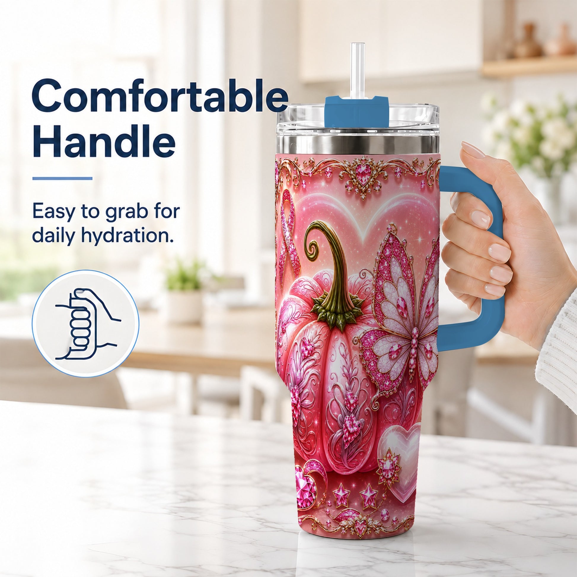 #pl[40oz|Blue] Ribbon Pumpkin 40oz Tumbler with Handle, Awareness Stainless Steel Cup