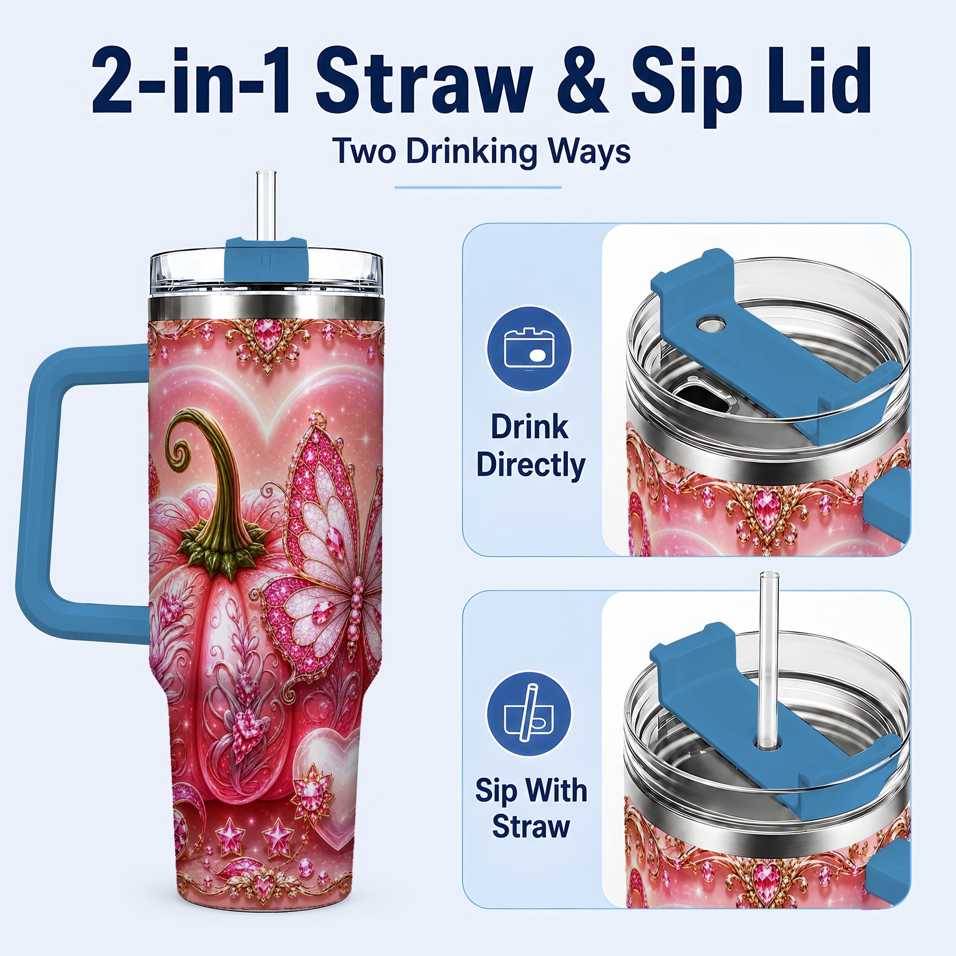 #pl[40oz|Blue] Ribbon Pumpkin 40oz Tumbler with Handle, Awareness Stainless Steel Cup