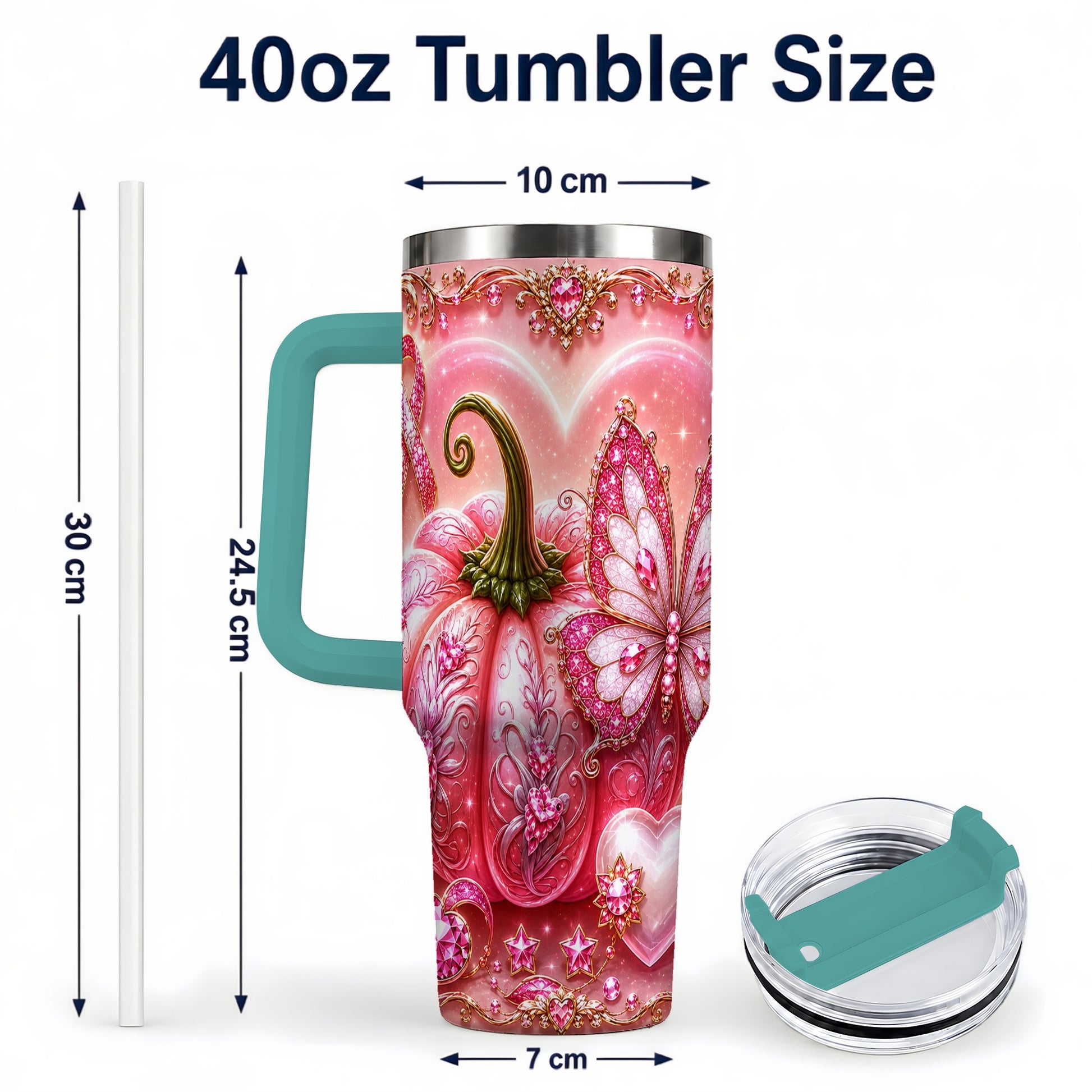 #pl[40oz|Green] Ribbon Pumpkin 40oz Tumbler with Handle, Awareness Stainless Steel Cup