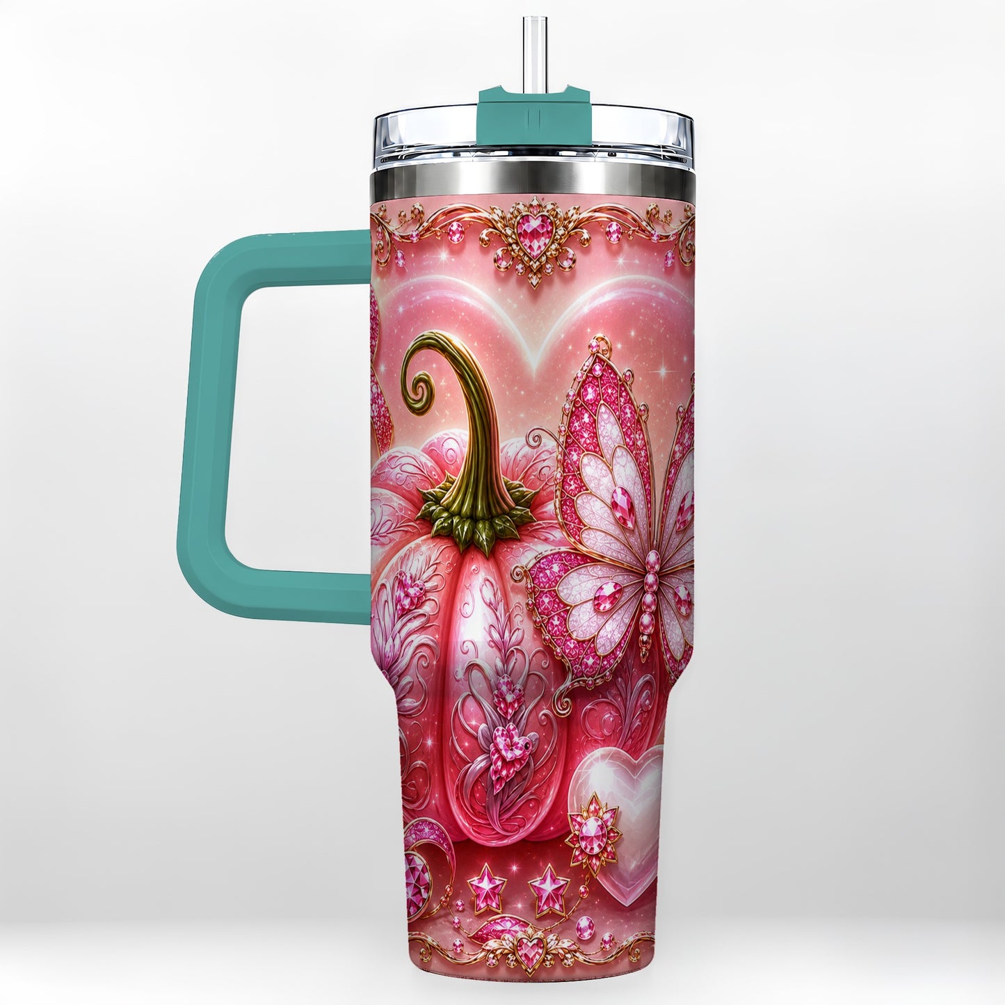 #pl[40oz|Green] Ribbon Pumpkin 40oz Tumbler with Handle, Awareness Stainless Steel Cup