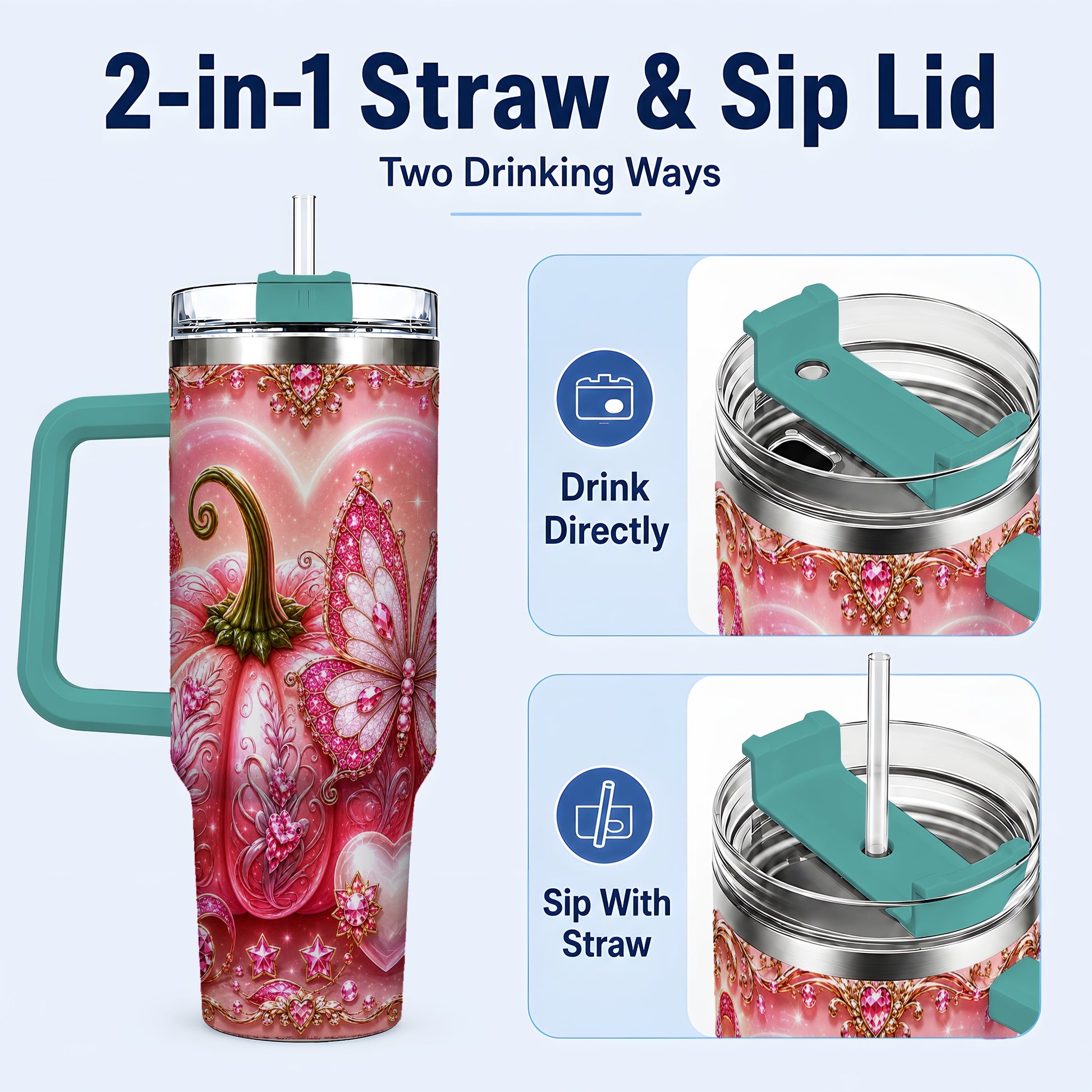 #pl[40oz|Green] Ribbon Pumpkin 40oz Tumbler with Handle, Awareness Stainless Steel Cup
