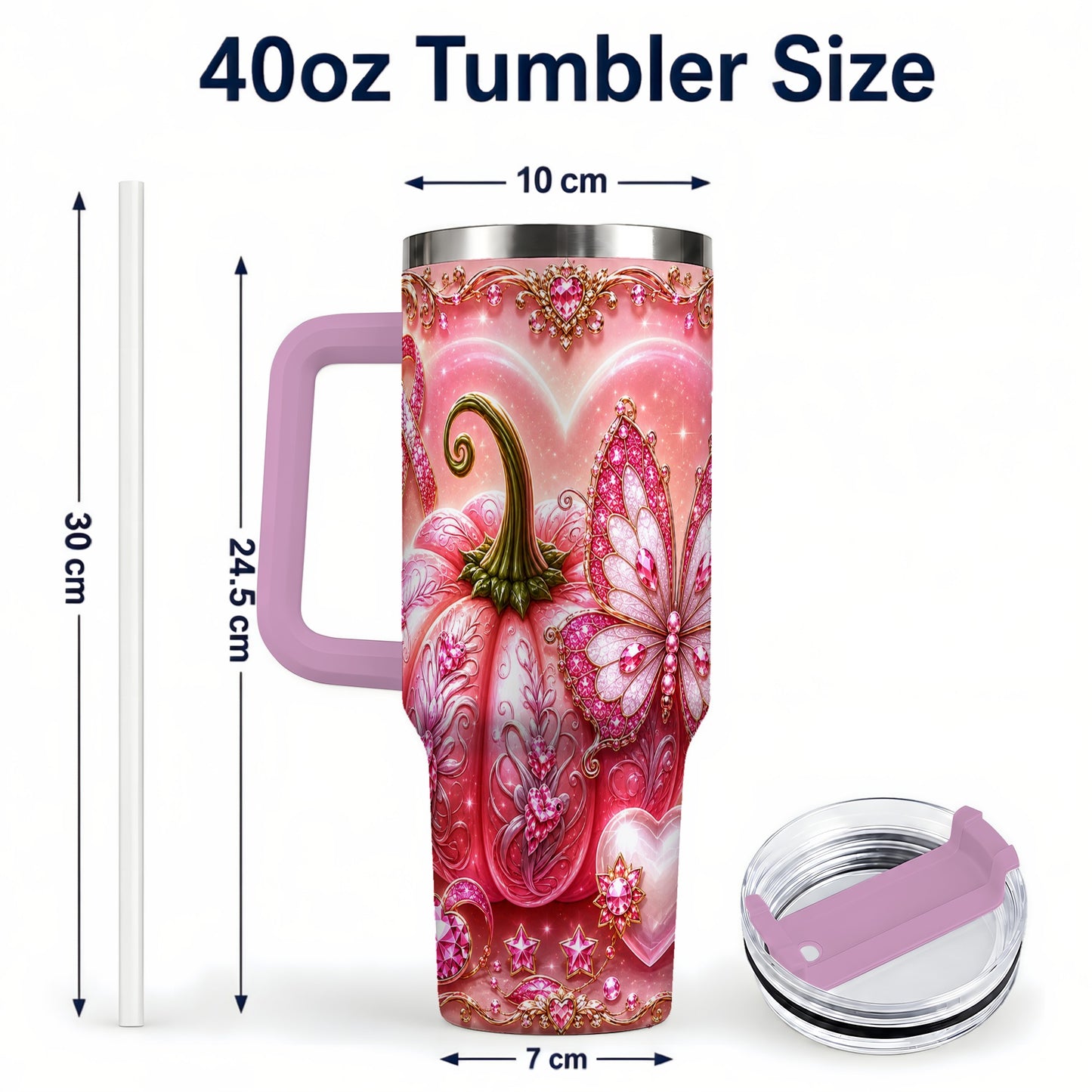 #pl[40oz|Pink] Ribbon Pumpkin 40oz Tumbler with Handle, Awareness Stainless Steel Cup