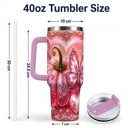#pl[40oz|Pink] Ribbon Pumpkin 40oz Tumbler with Handle, Awareness Stainless Steel Cup