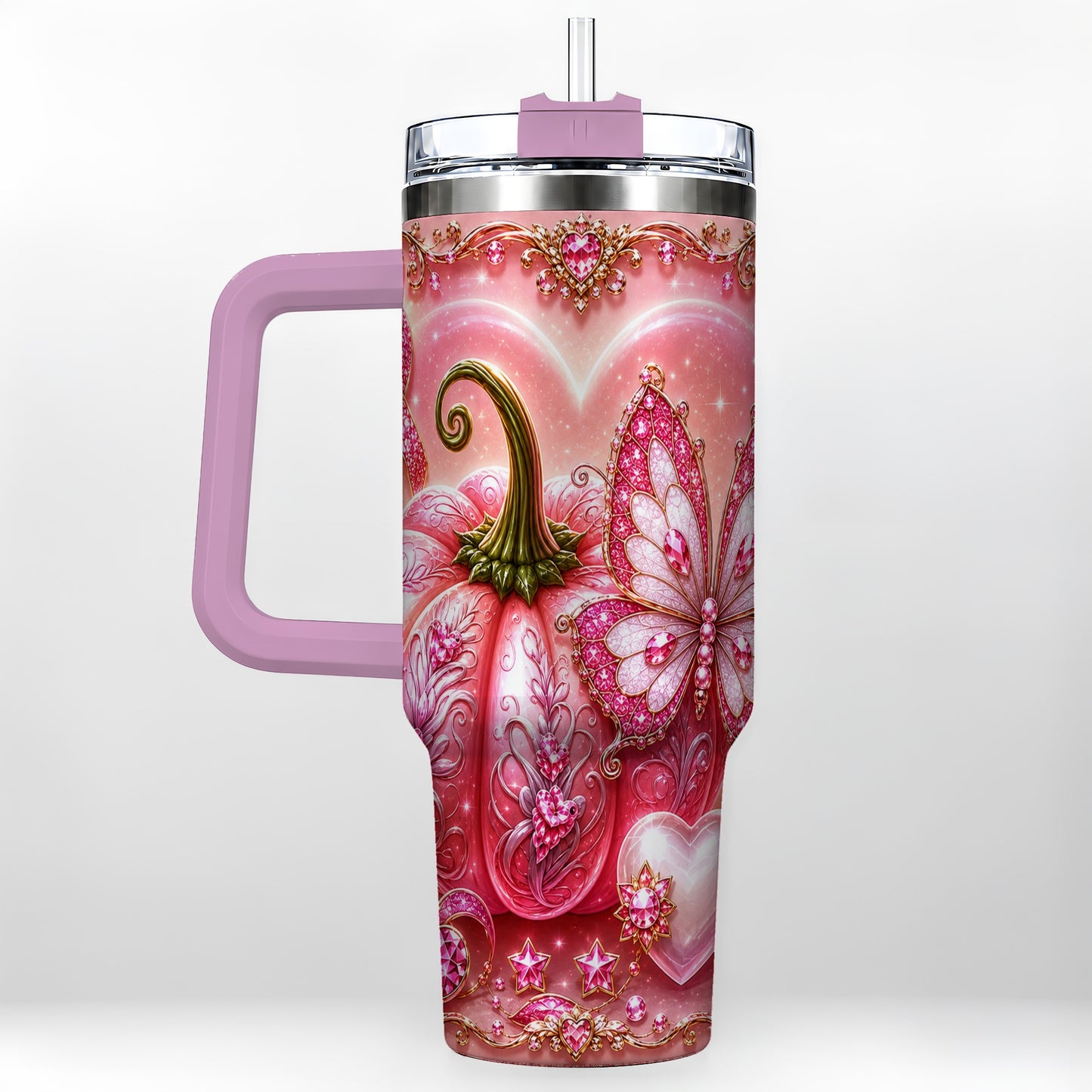 #pl[40oz|Pink] Ribbon Pumpkin 40oz Tumbler with Handle, Awareness Stainless Steel Cup