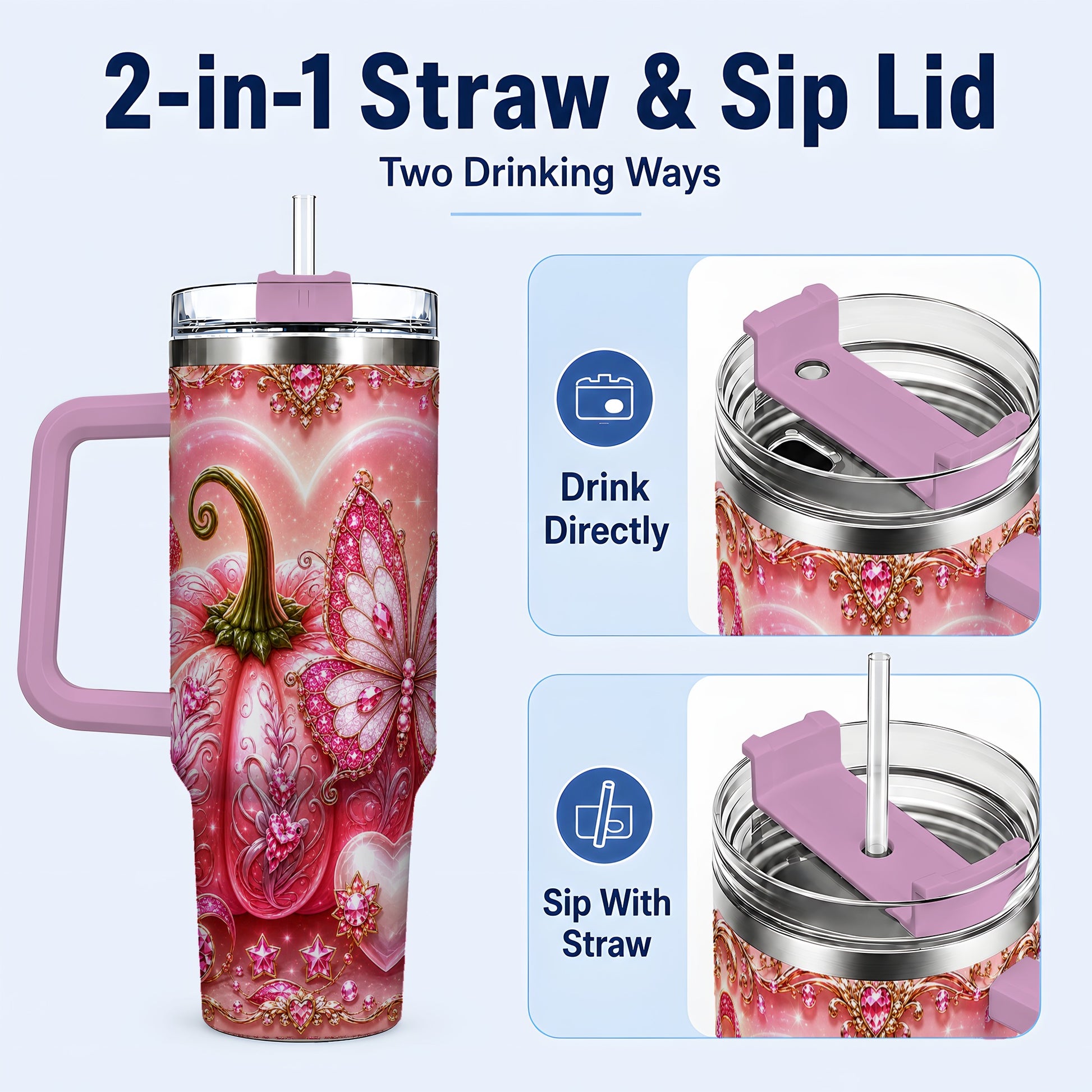 #pl[40oz|Pink] Ribbon Pumpkin 40oz Tumbler with Handle, Awareness Stainless Steel Cup