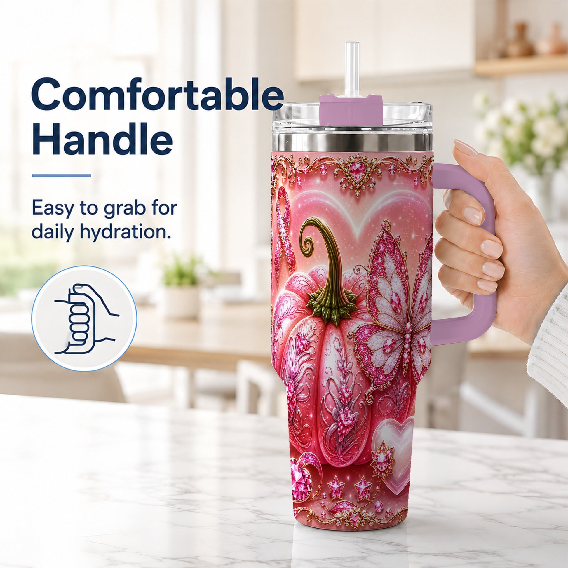 #pl[40oz|Pink] Ribbon Pumpkin 40oz Tumbler with Handle, Awareness Stainless Steel Cup