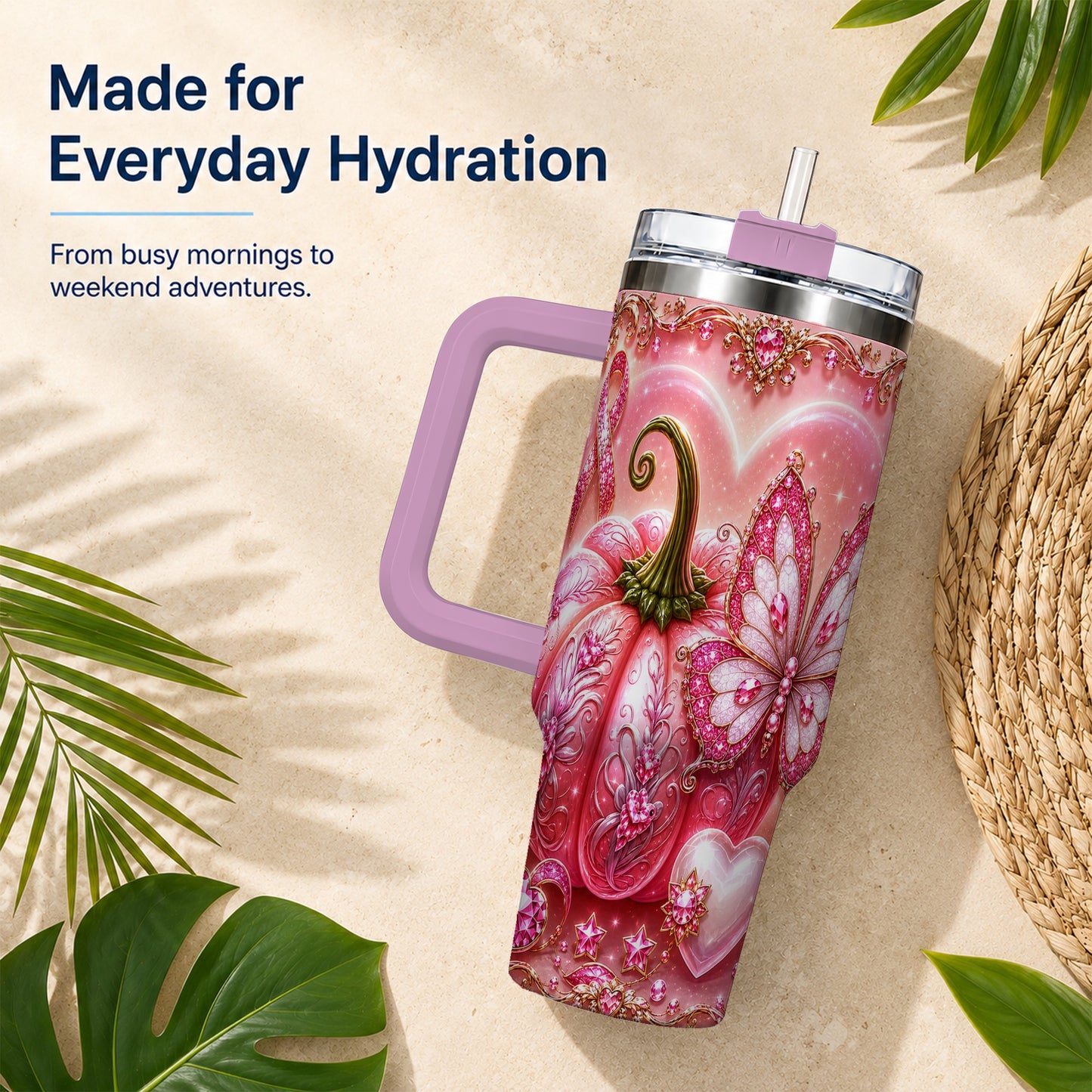 #pl[40oz|Pink] Ribbon Pumpkin 40oz Tumbler with Handle, Awareness Stainless Steel Cup