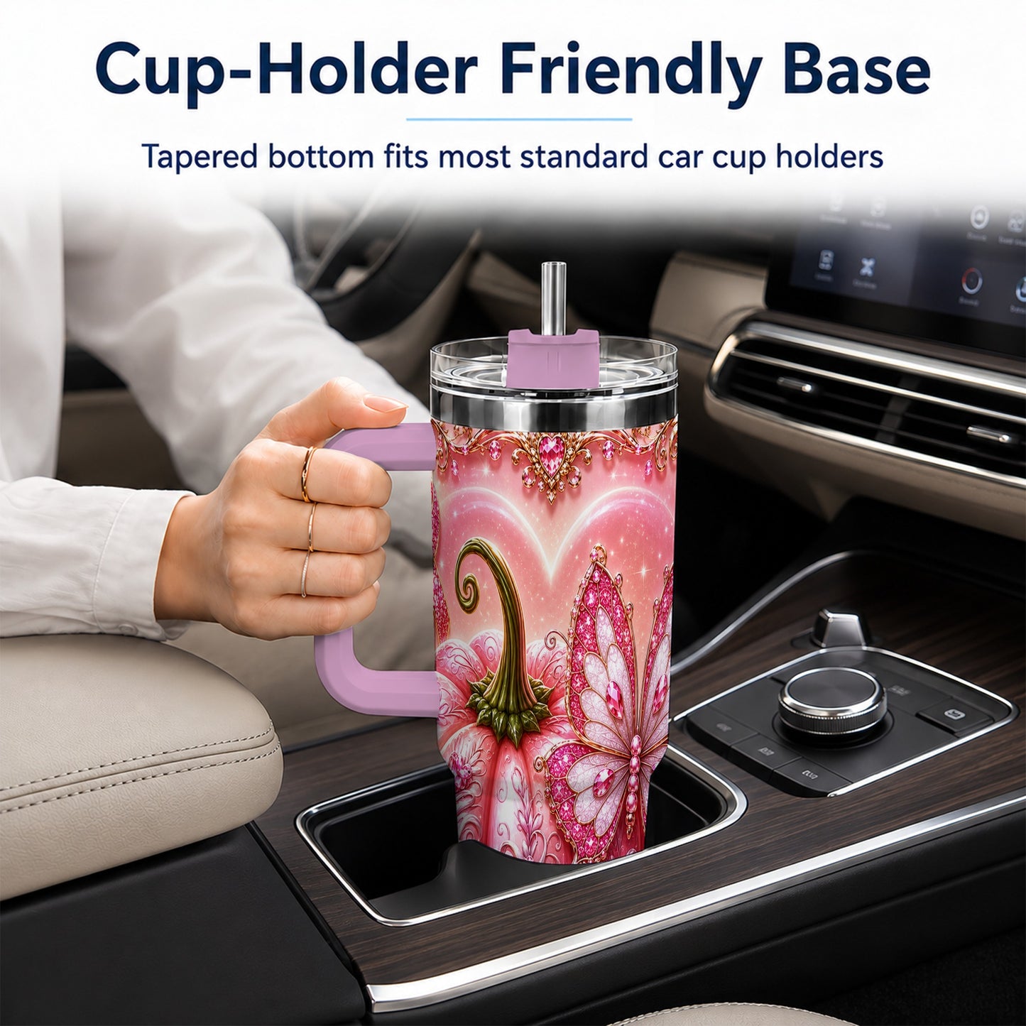 #pl[40oz|Pink] Ribbon Pumpkin 40oz Tumbler with Handle, Awareness Stainless Steel Cup