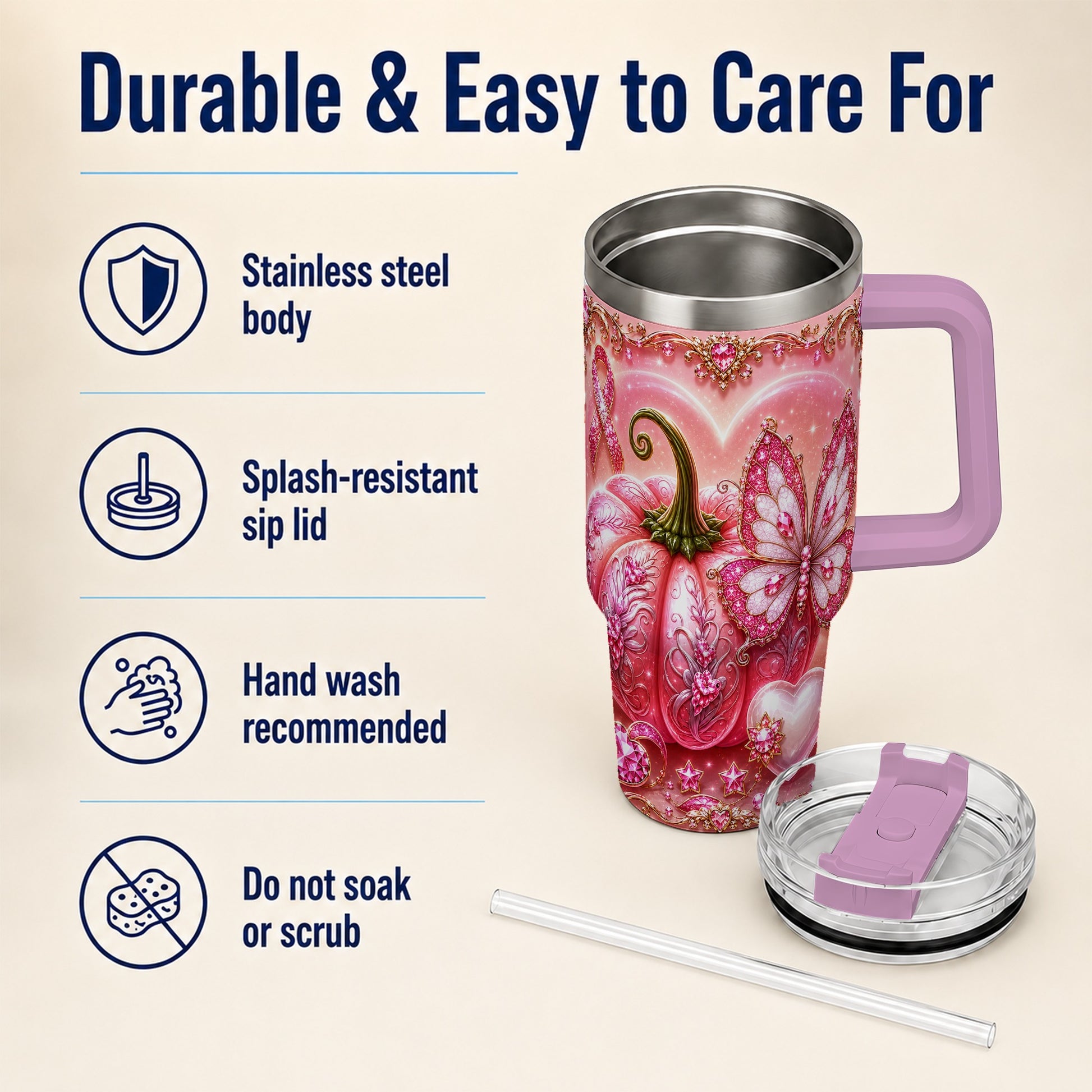 #pl[40oz|Pink] Ribbon Pumpkin 40oz Tumbler with Handle, Awareness Stainless Steel Cup