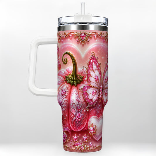 #pl[40oz|White] Ribbon Pumpkin 40oz Tumbler with Handle, Awareness Stainless Steel Cup