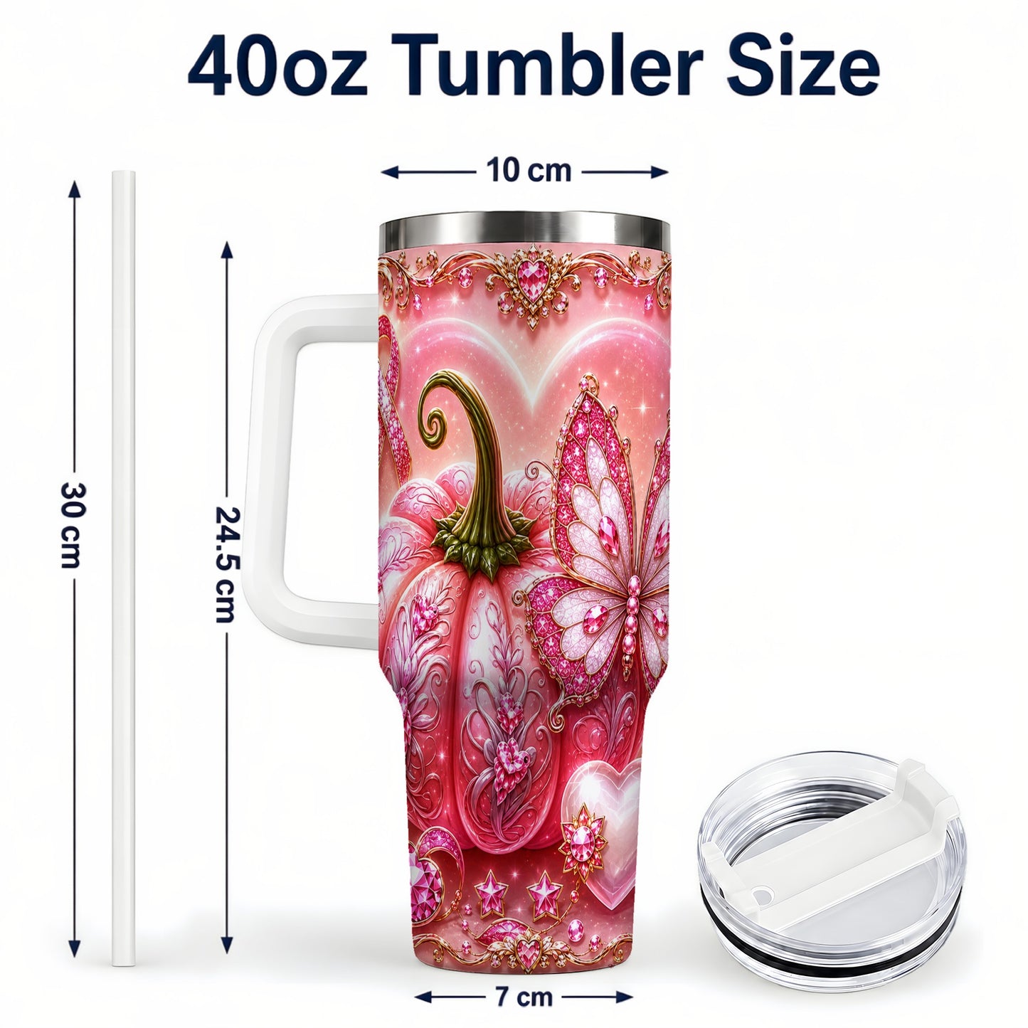 #pl[40oz|White] Ribbon Pumpkin 40oz Tumbler with Handle, Awareness Stainless Steel Cup